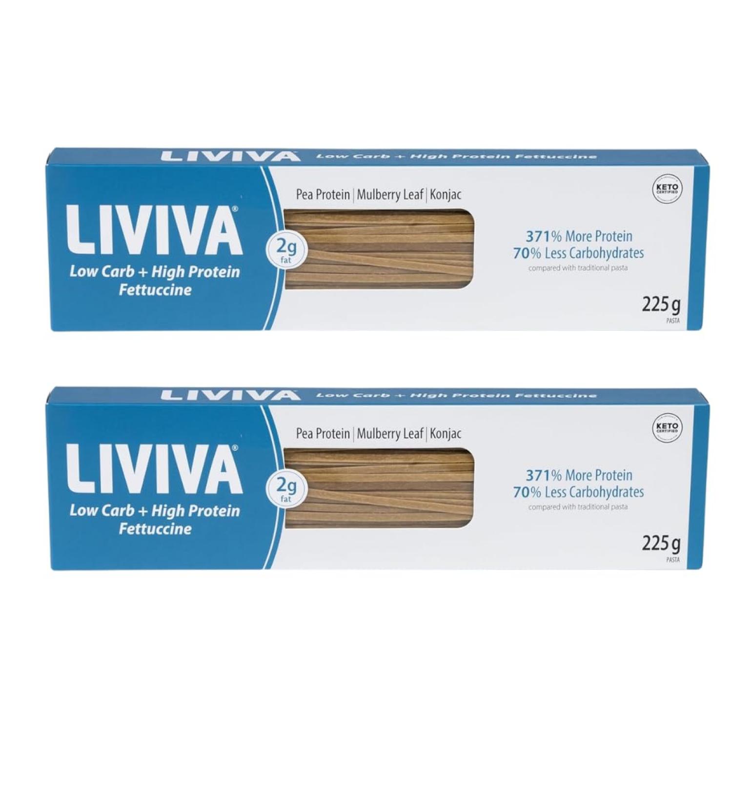 LIVIVA Low Carb High Protein KETO Fettuccine Noodle Pasta 2 Pk 135 g Protein per Box with Pea Protein & Konjac Flour - 8g Net Carbs Diabetic-Friendly - Ready to Eat in 3 4 mins - Healthy Al Dente Pasta Pack of 2 - Fettuccine 225 g (Pack of 2) - Buy Online on GoSupps.com