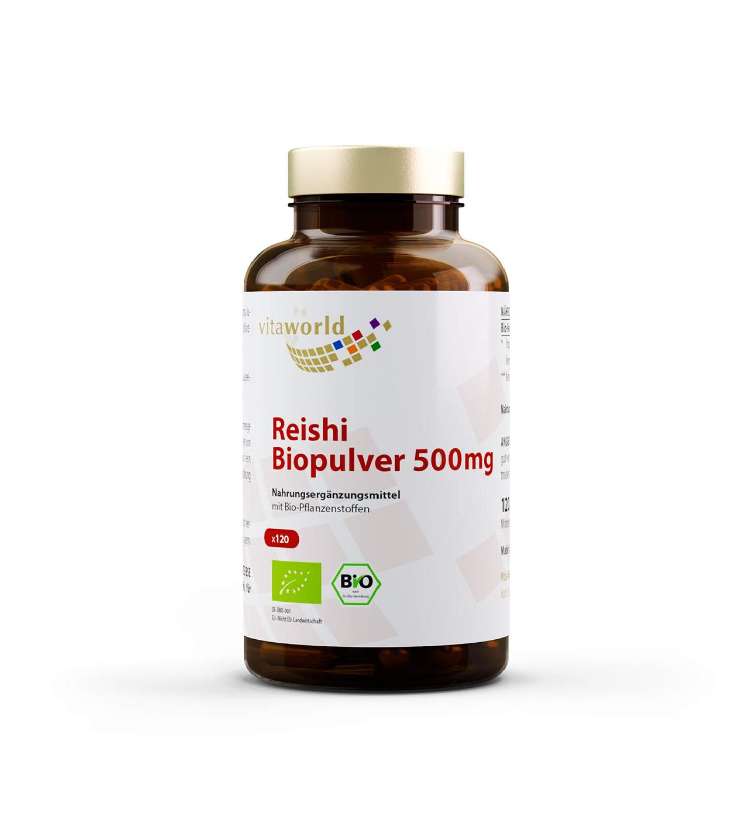 Vita World Pack of 3 Reishi Powder Organic Quality 500mg 3 x 120 Capsules Ganoderma Lucidum Made in Germany