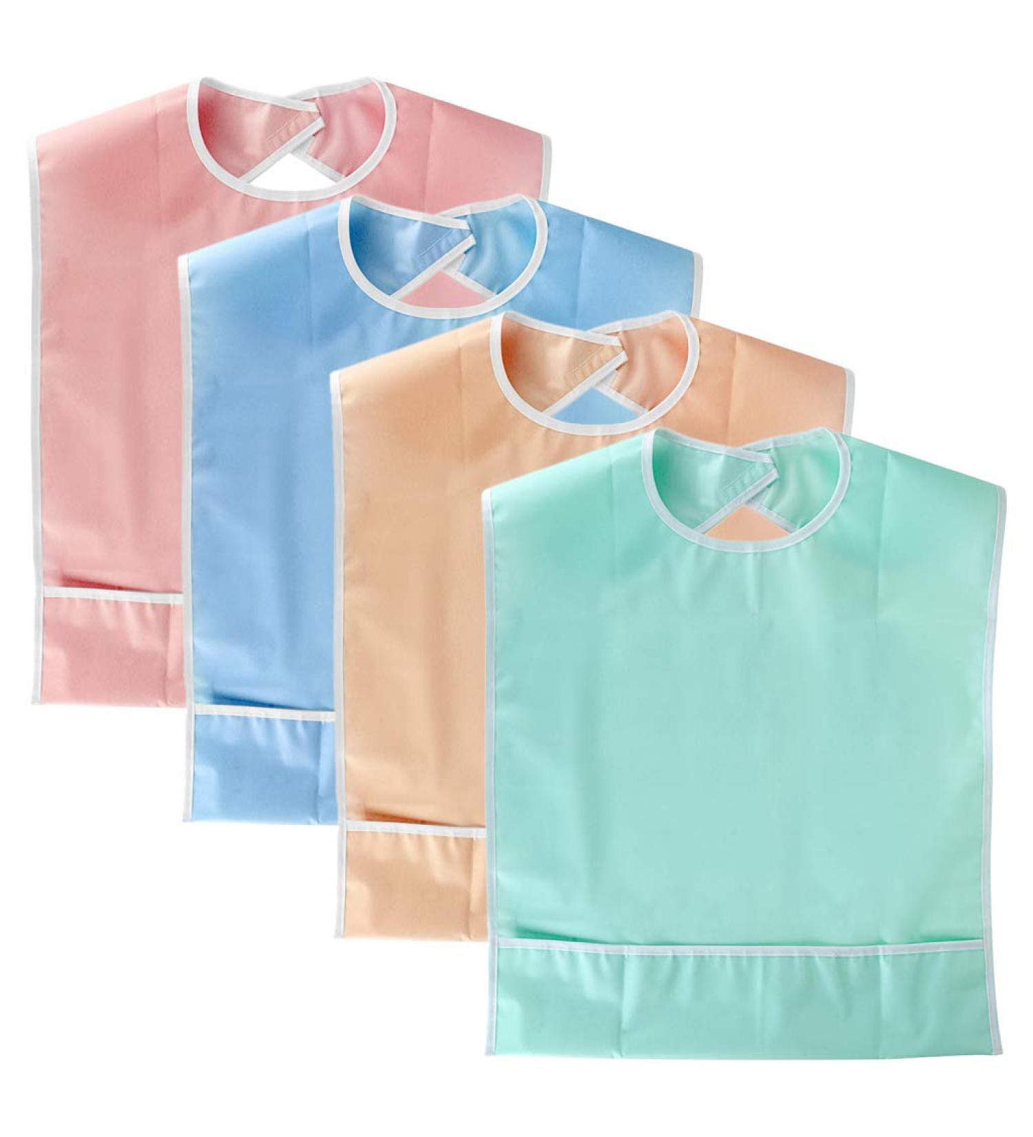 BTSKY 4 Pcs Waterproof Reusable Adult Bibs - Mealtime Protector Bib Set with Crumb Catcher in Pink, Beige, Blue, and Green - Buy Online on GoSupps.com