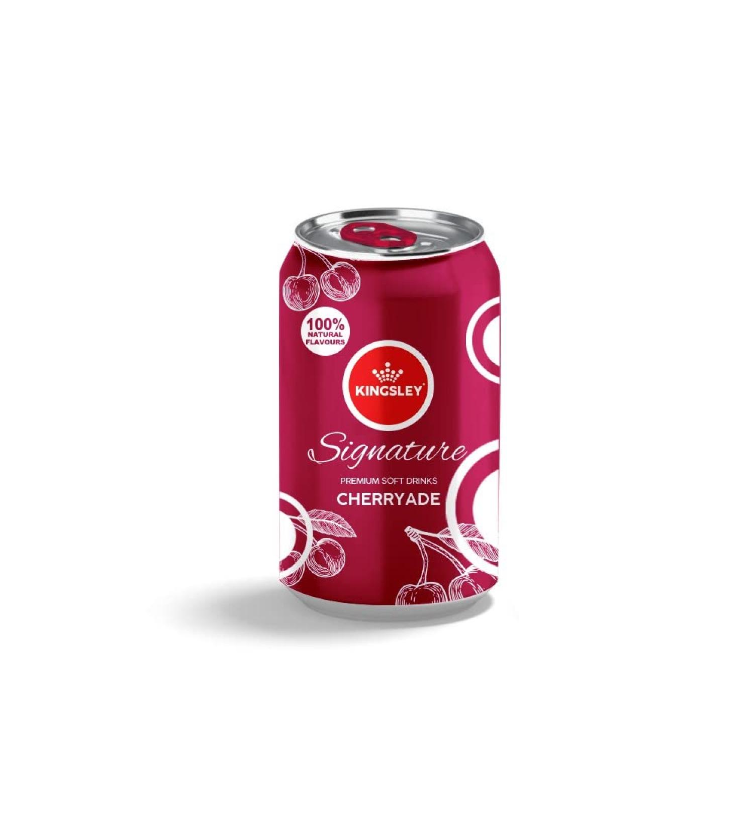 Kingsley Signature Cherryade Premium Flavoured Carbonated Soft Drink 100% Natural Flavourings & Colourings Gluten Free Vegetarian Manufactured in the UK 24 x 330ml Cherryade 24 x 330ml