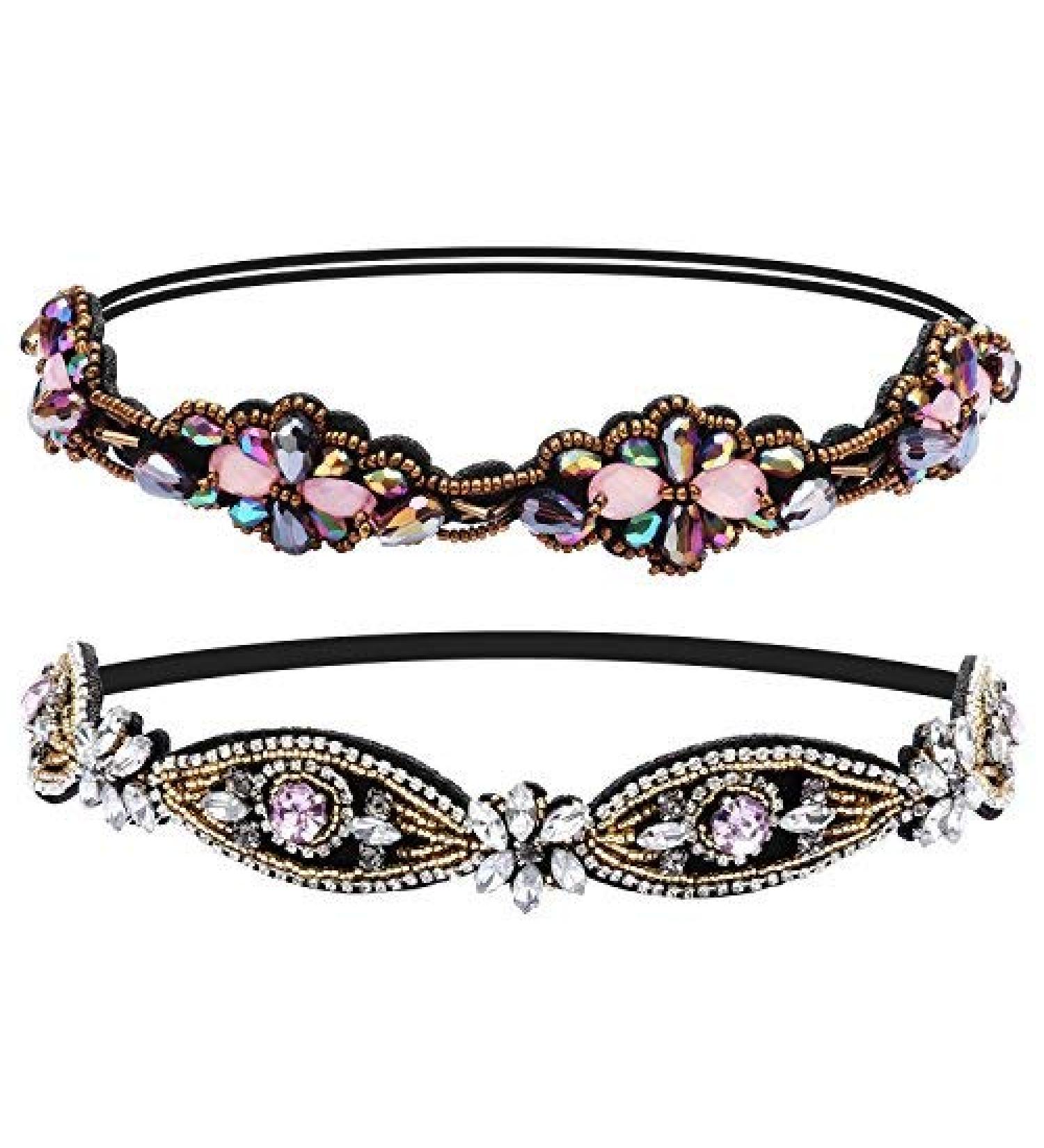 Amariver Rhinestone Beaded Elastic Headband 2-Piece Set - Handmade Fashion Hair Accessories for Women | Fits Most Styles 20-25 - Buy Online on GoSupps.com