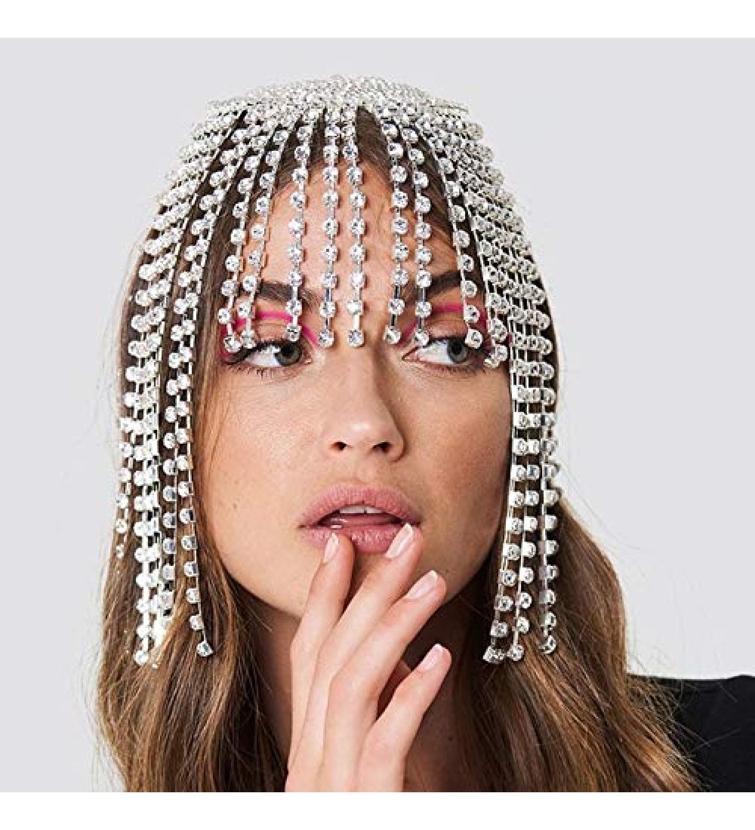 Earent Tassel Rhinestone Cap Headpiece | Silver Crystal Head Chain | 1920s Hair Accessories for Women | Belly Dance Party Cap | Bridal Head Jewelry - Buy Online on GoSupps.com