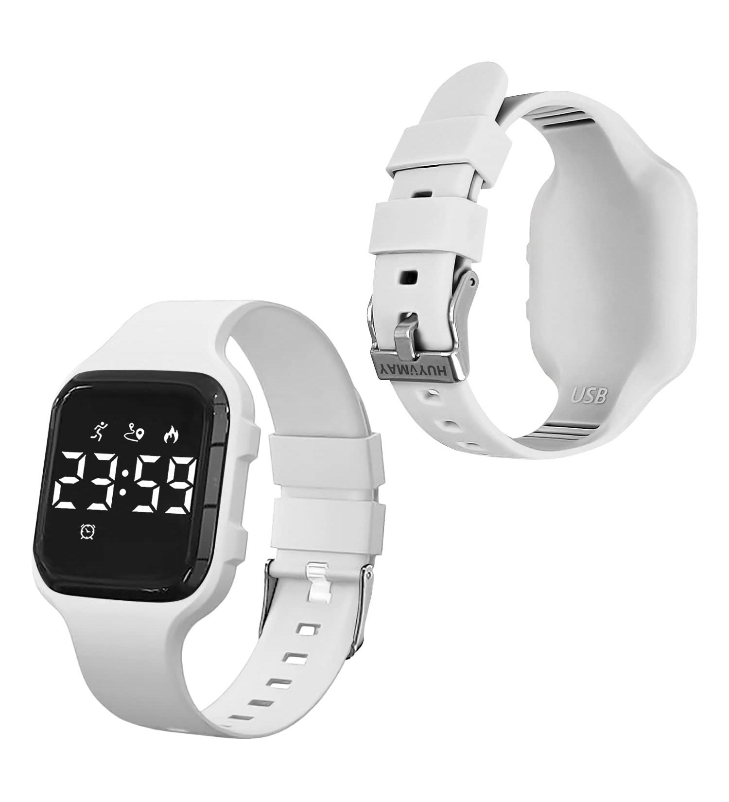 HUYVMAY Kids Fitness Tracker Pedometer Watch - LED Sports Watch with Alarm Clock Timer, Calories Counter - Non Bluetooth, No App Needed - 1 Hour Charging for 21 Days Use - White - Buy Online on GoSupps.com