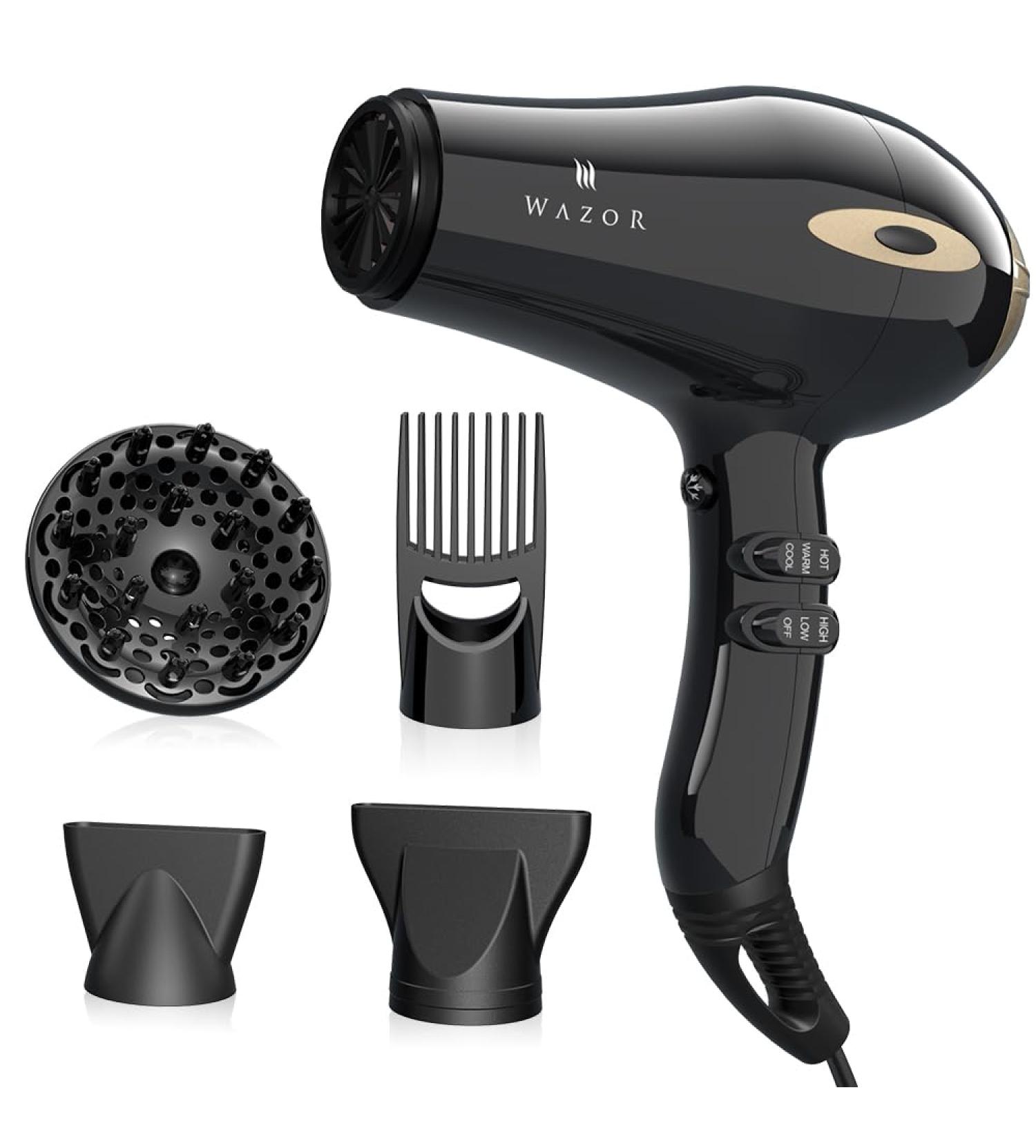 Wazor 1875W Fast Drying and Professional Salon Hair Dryer with Diffuser & Comb & 2 Concentrator Nozzles (Black) - Buy Online on GoSupps.com