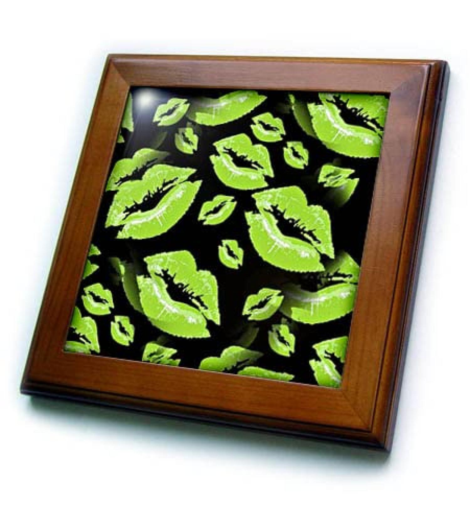 3dRose 8x8 Framed Tile - Two Kisses Collided Lip Smacking Lime Colored Lips Pattern Pattern - Lipstick Kisses