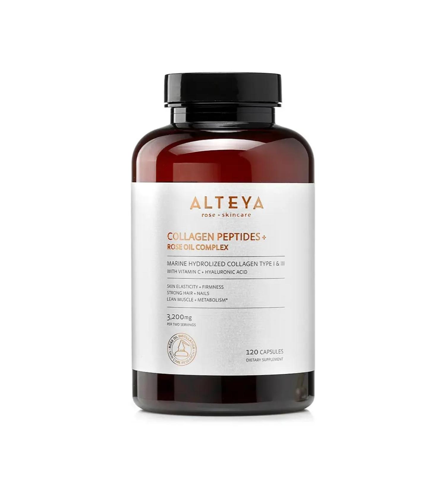 Alteya Organics Collagen Peptides & Rose Oil Complex Beauty Supplement with 3200mg Marine Hydrolyzed Collagen Type I & III, Vitamin C & Hyaluronic Acid Skin, Hair, Nail & Joint Support - Buy Online on GoSupps.com