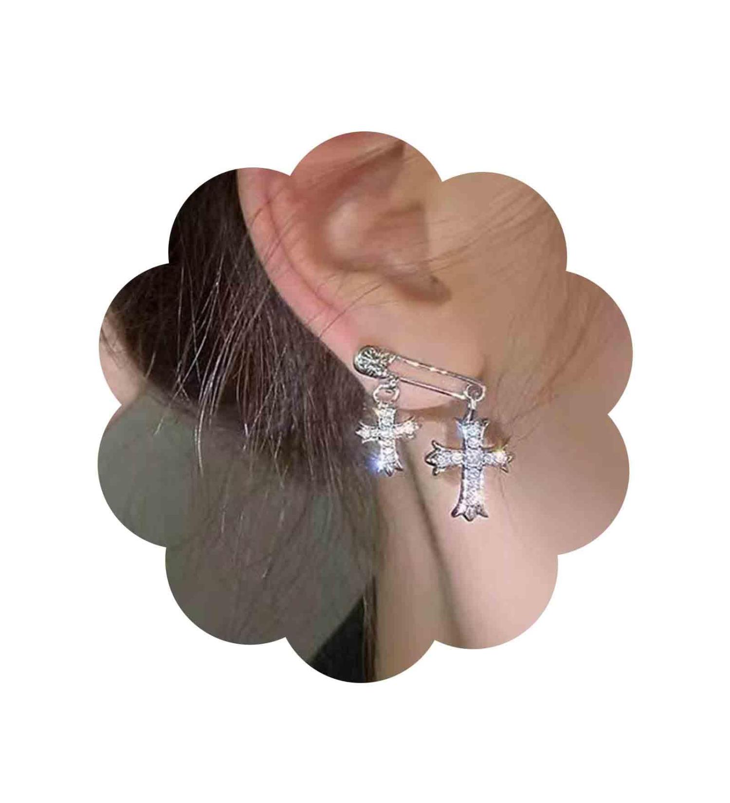 Vintage Crystal Cross Drop Earrings | Rhinestone Studs & Silver Paperclip Design | Sparkly CZ Crucifix Jewelry for Women - Buy Online on GoSupps.com