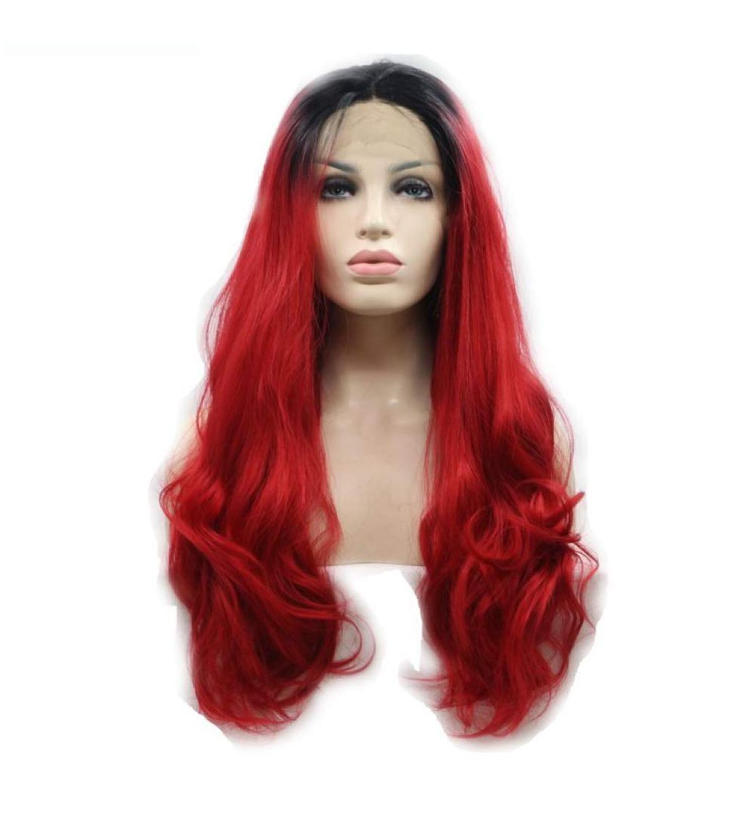 SHIYID Red Wavy Lace Front Wig with Dark Roots - Heat Resistant Synthetic Hair for Women | International Shipping Available - Buy Online on GoSupps.com