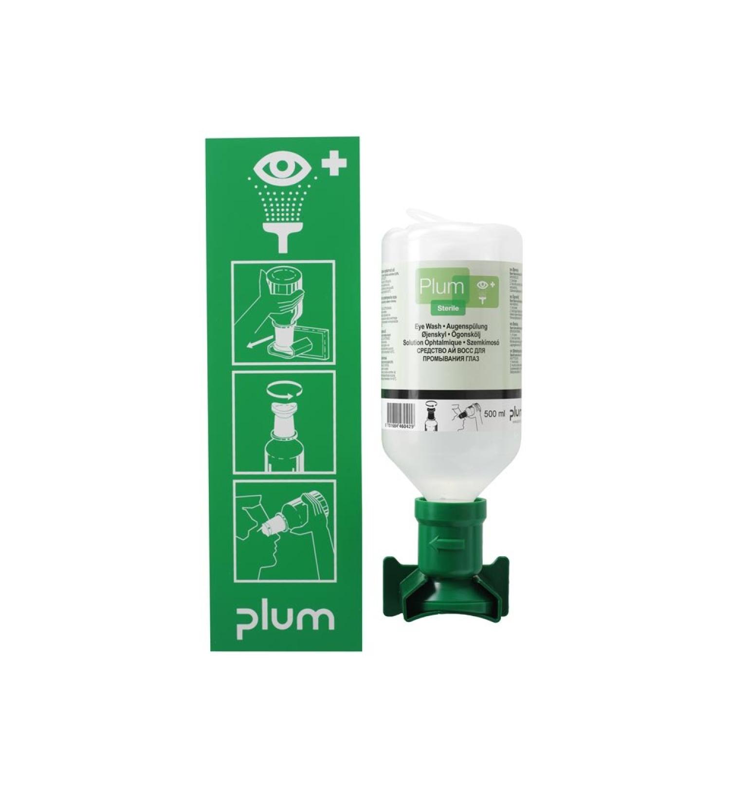 Plum eyewash station with wall bracket and pictogram with 500ml bottle eyewash station 1 bottle simple