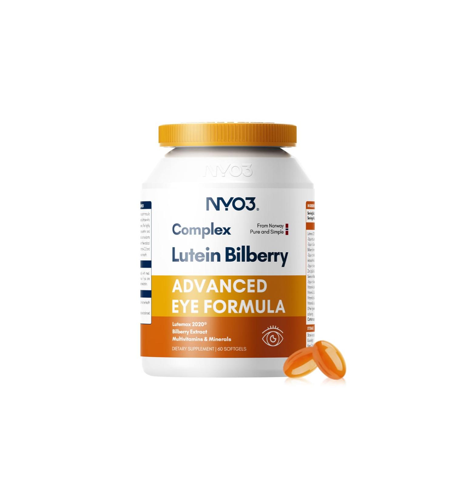 NYO3 Eye Vitamins with Lutein and Zeaxanthin Patented Eye Formula Recommended by NIH Advanced Bilberry & Astaxanthin Vitamins A C E B12 & Minerals Eye Health & Vision Protection 60 Softgels - Buy Online on GoSupps.com