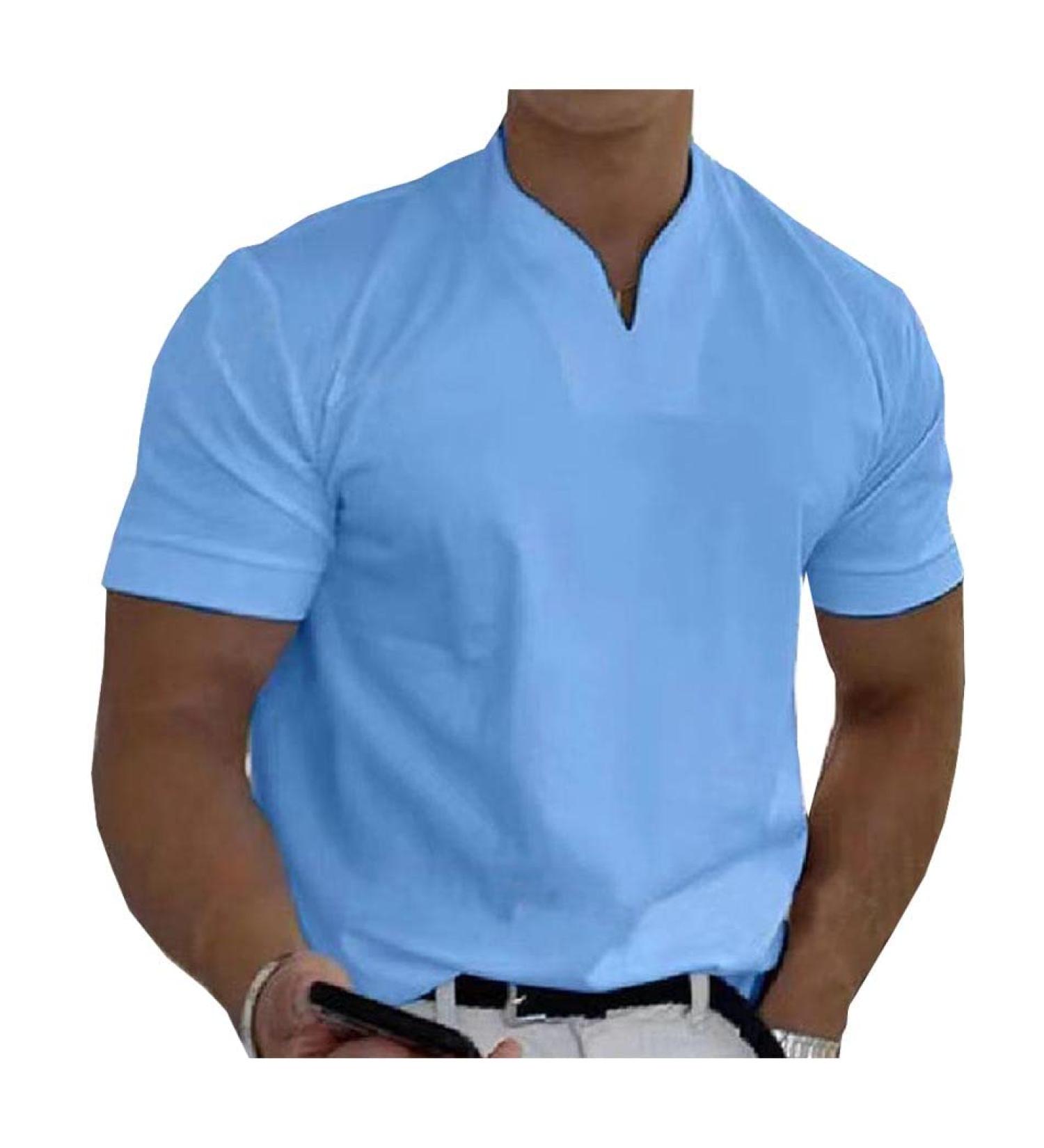 CYLADY Men's Undershirt Casual Cotton V Neck Short Sleeves Muscle Slim Fit Tops Blue X-Large
