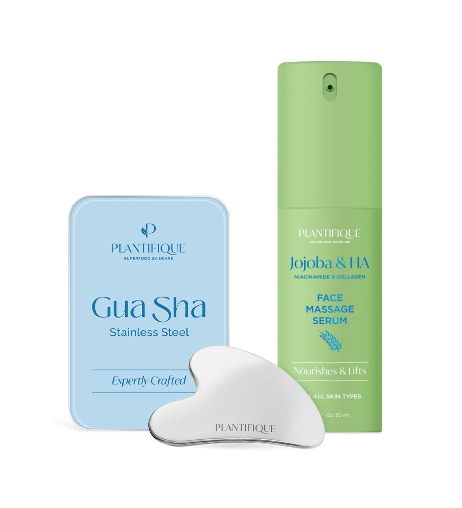 PLANTIFIQUE Gua Sha M tal pour Skincare et Massage du Visage & Serum Visage Jojoba Bio Oil - Gua Sha Huile Massage Hydratant et Anti Rides Puissant - 30 ml - Buy Online on GoSupps.com