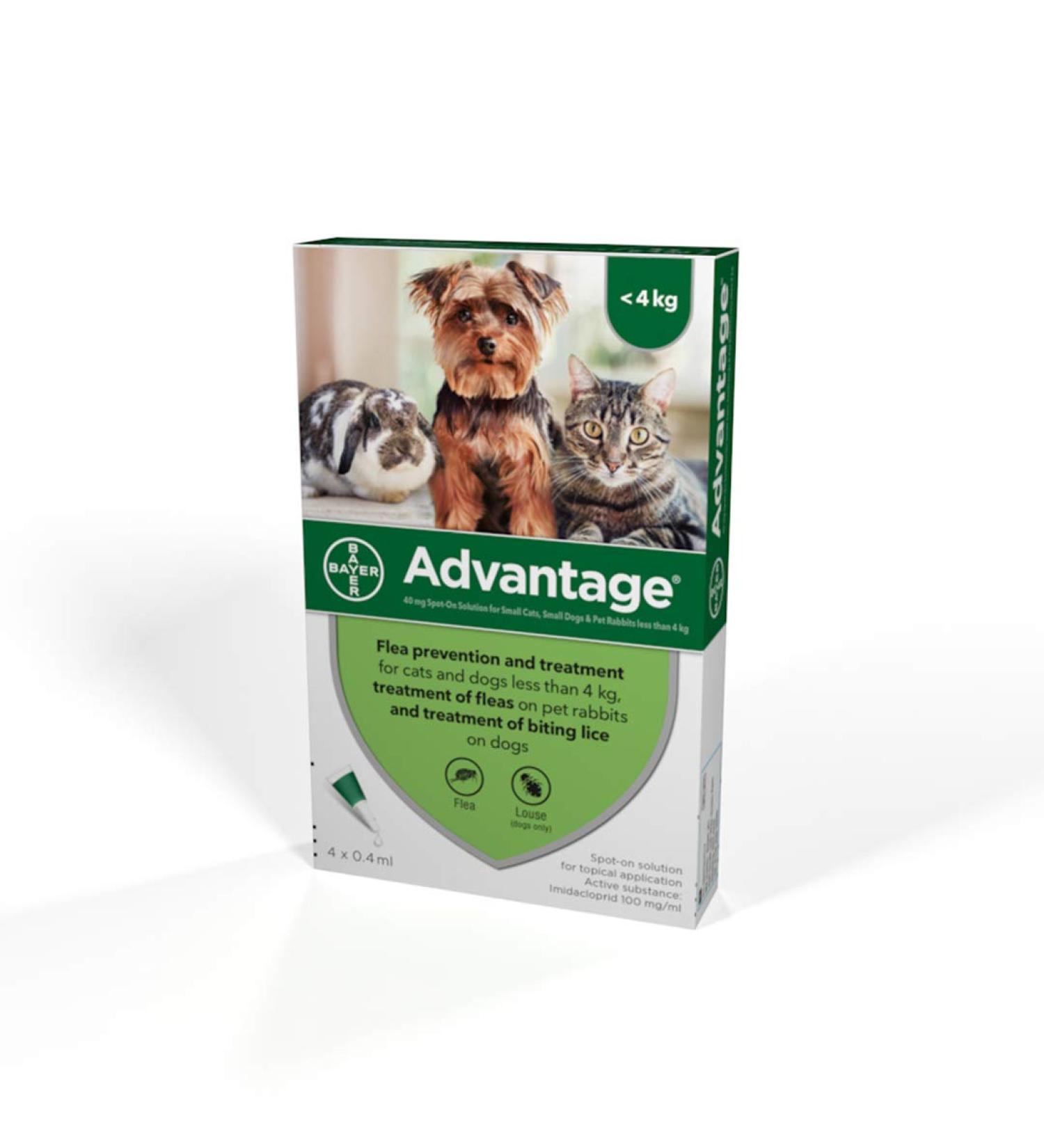 Advantage Spot On Flea Treatment 40 Small Cats Dogs and Rabbits 4 pipettes Small Cats Dogs and Rabbits (&lt 4kg) - Buy Online on GoSupps.com