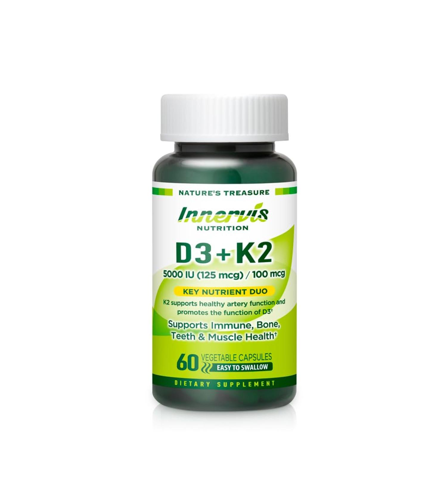 INNERVISNUTRITION Vitamin D3 5000 IU + K2 MK-7 100mcg Bone Heart & Immune Support Easy to Swallow 60 Capsules - Buy Online on GoSupps.com