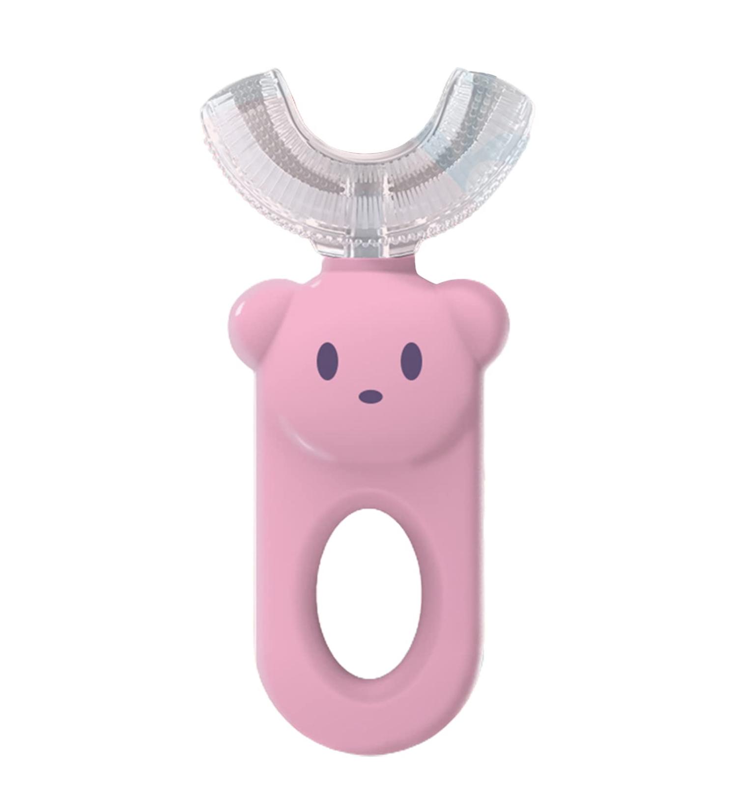 Kids U-Shaped Toothbrush - Cartoon Bear Shape - Food Grade Soft Silicone Brush Head 360 Oral Teeth Cleaning Design for Toddlers and Children Pink - Buy Online on GoSupps.com