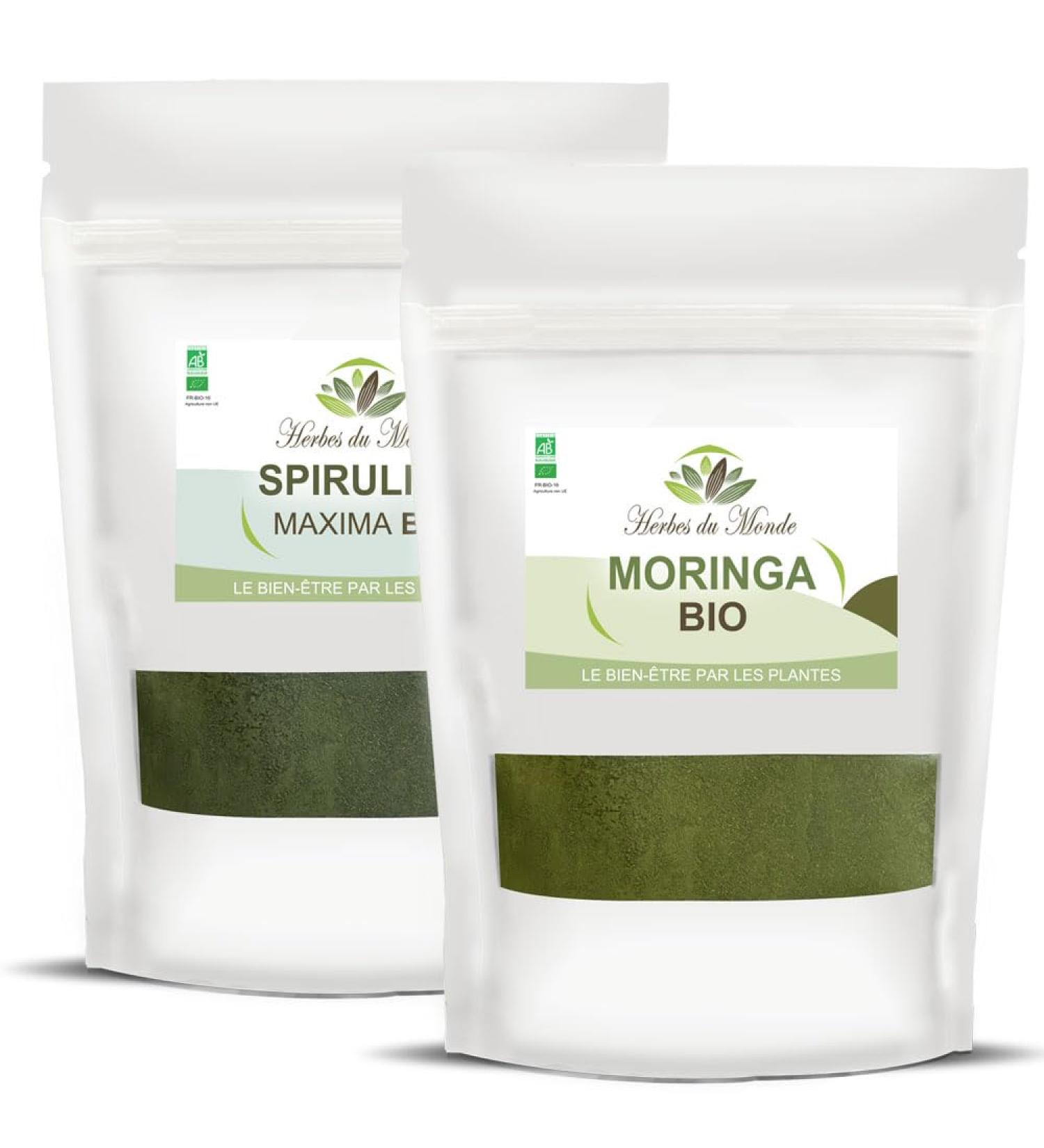 Herbes du Monde Herbs of the World - Organic Sports Duo Spirulina & Moringa Energy & Recovery Superfoods 250g (2 Sachets) Rich in Protein Antioxidants & Nutrients Certified Organic