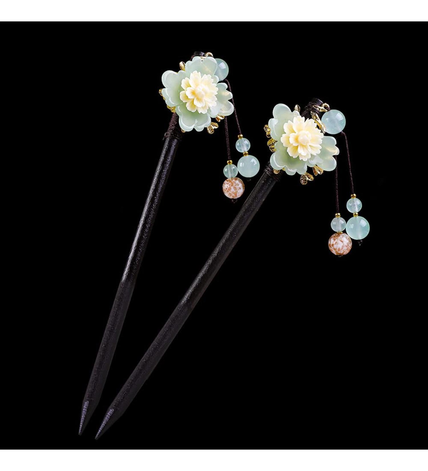 2pcs Chinese Traditional Flower Hair Sticks - Retro Wooden Hairpin with Tassel (Style A) - Buy Online on GoSupps.com