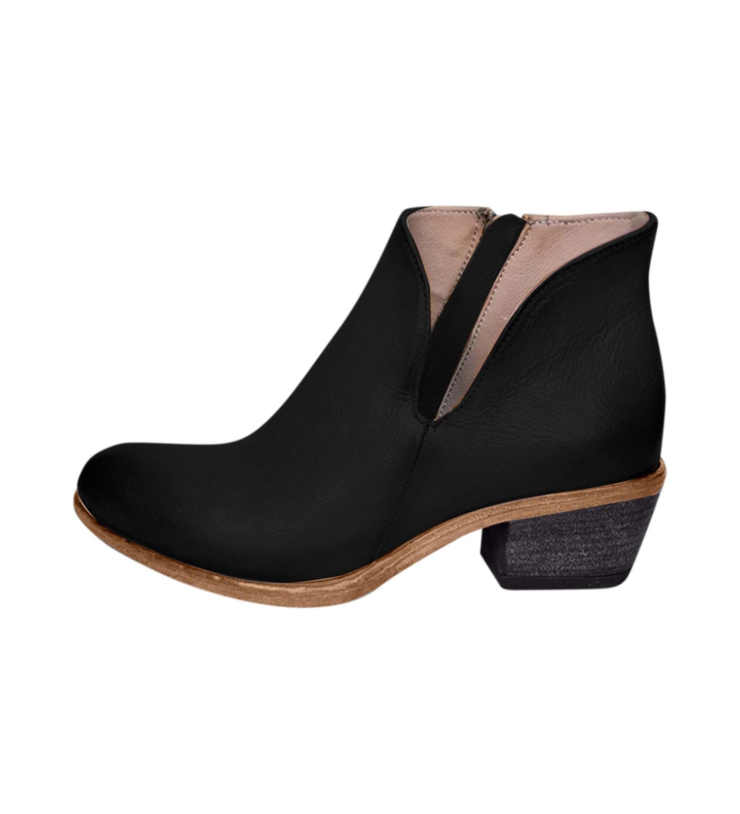 Winter & Autumn Fashion Women's Slim Zipper Low Heel Ankle Boots - Casual Solid Color Cowboy Style | Round Toe Western & Knight Boots for Comfort & Style - Buy Online on GoSupps.com