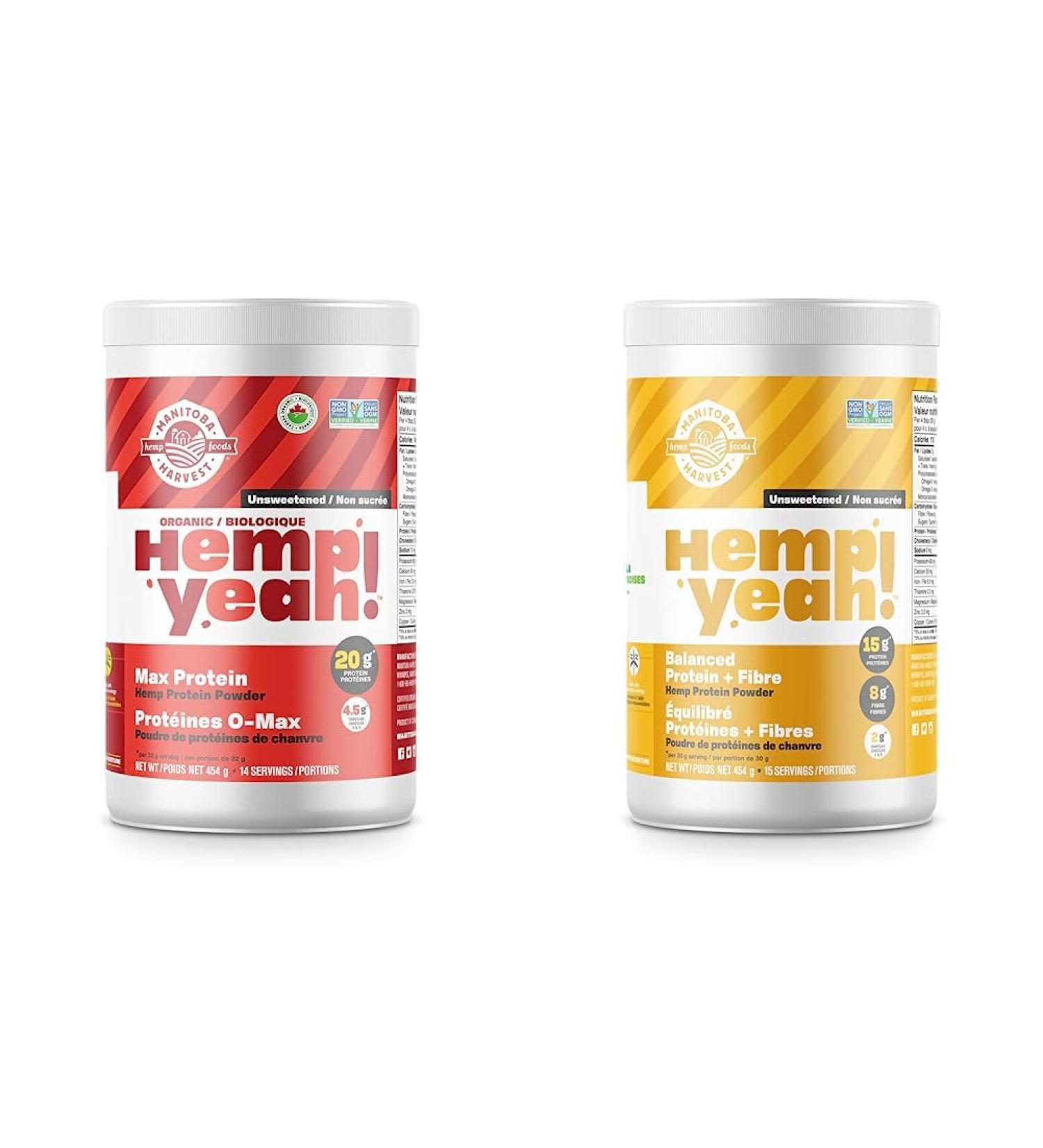Manitoba Harvest Hemp Organic Max Protein Powder Unsweetened & Hemp Yeah Balanced Protein + Fibre Powder Unsweetened 454g with 15g protein 8g Fibre&2g Omegas 3&6 per Serving - Buy Online on GoSupps.com
