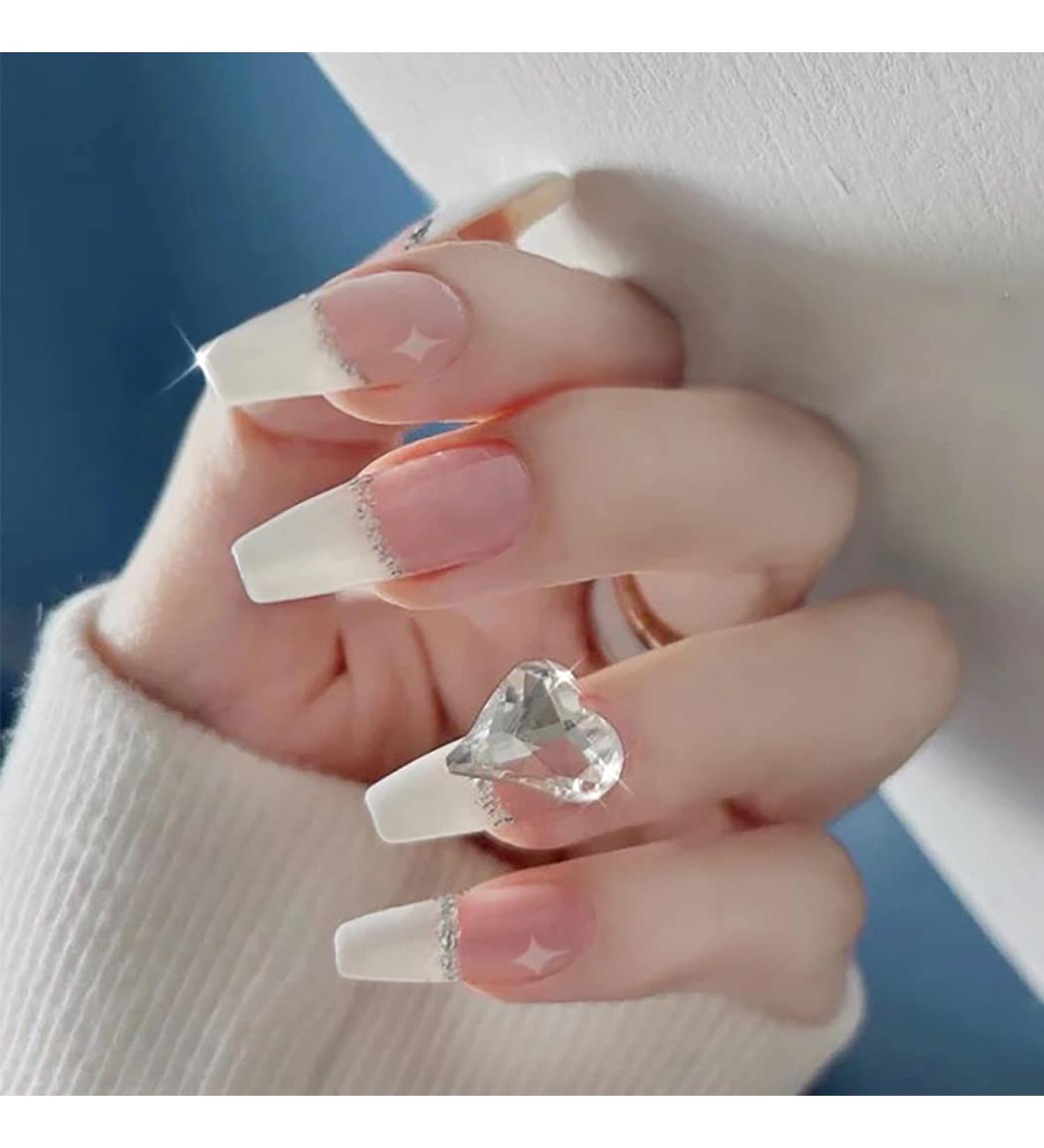 Sethexy Long White Ballerina False Nails - Rhinestone French Coffin Acrylic Tips | 24 Pack for Women & Girls - Buy Online on GoSupps.com