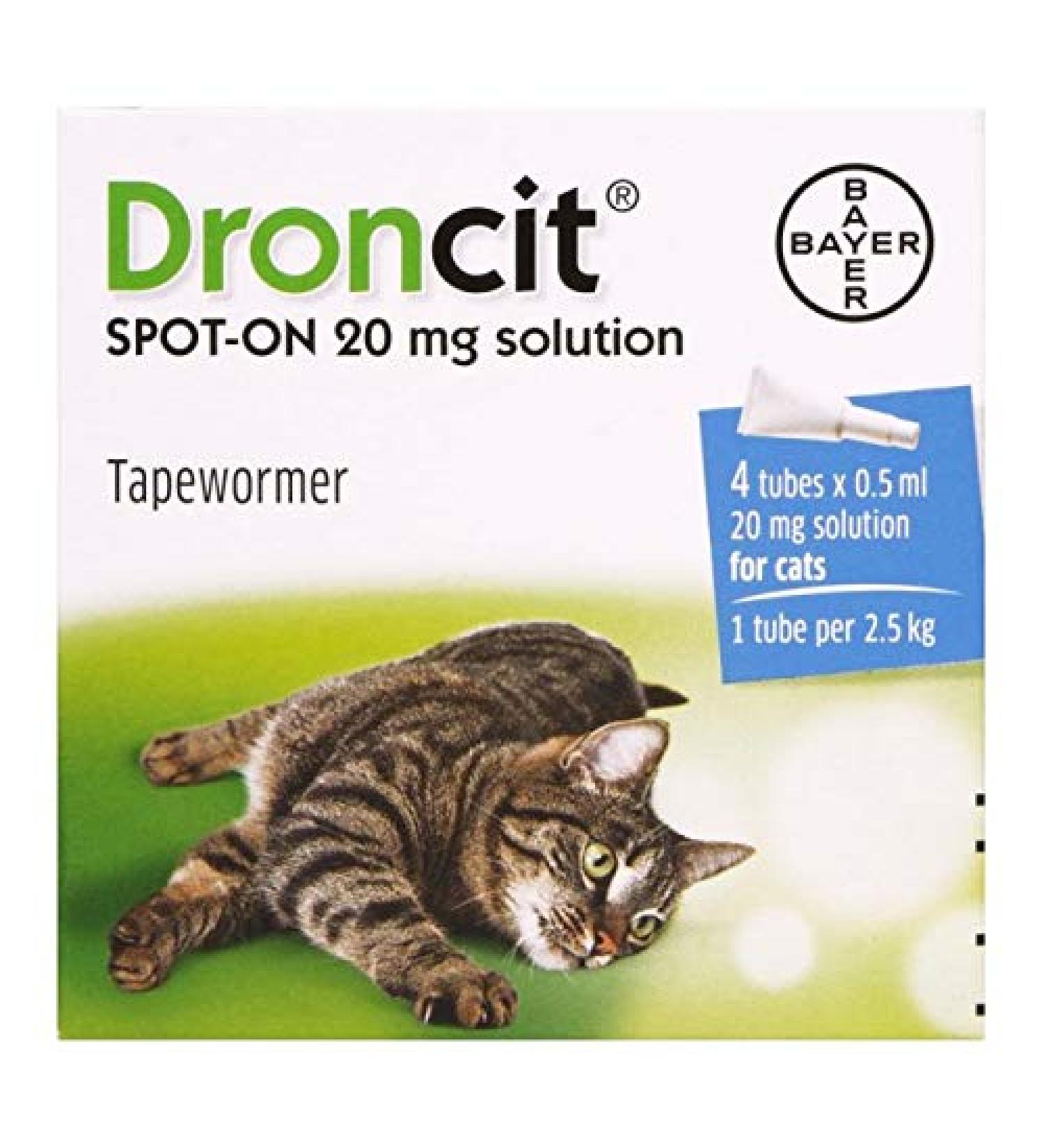 Bayer Droncit Tapewormer 20mg Spot-on solution for Cats from 2.5 to 5 kgs Pack of 4 Pipettes
