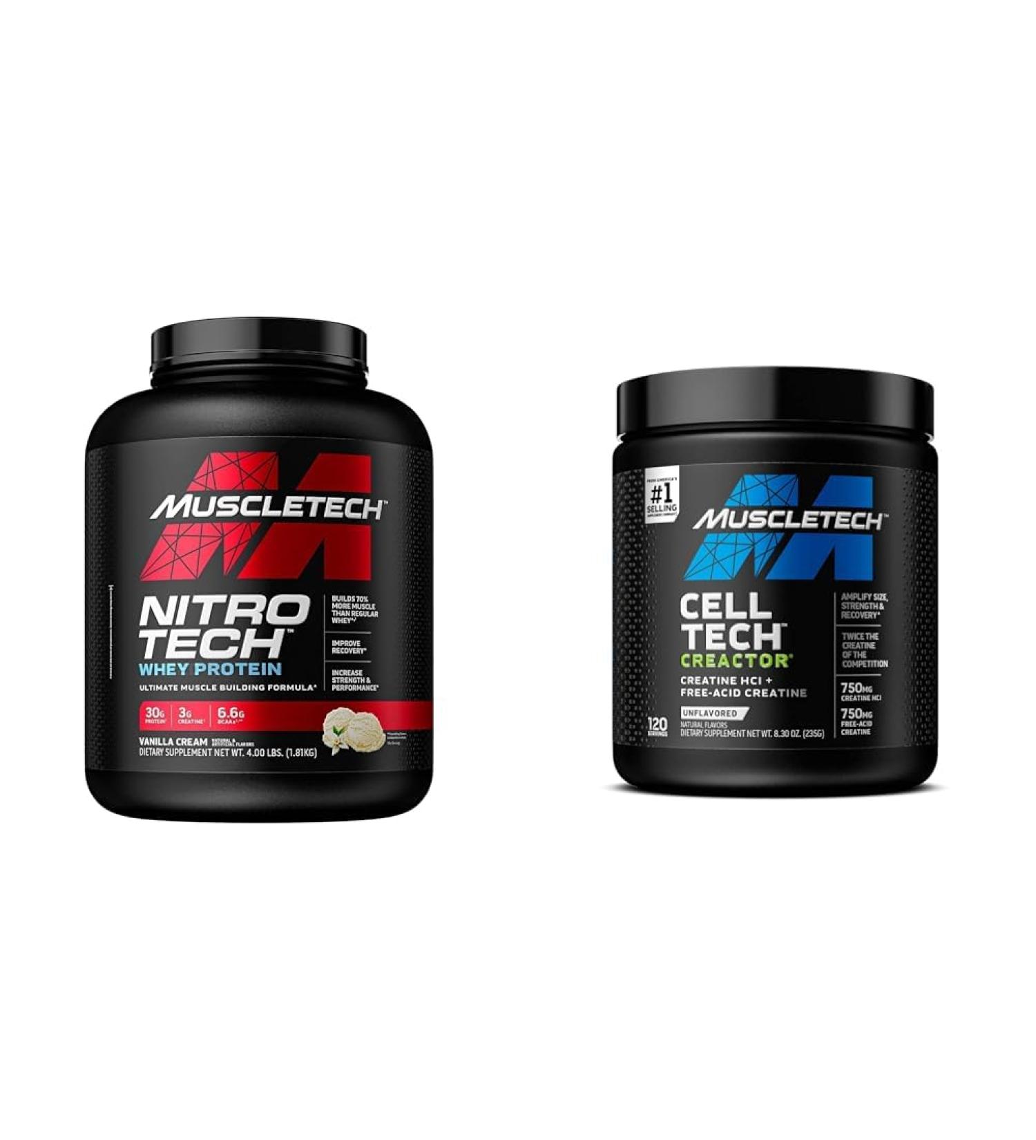 MuscleTech Whey Protein Powder Nitro-Tech | Isolate & Peptides & Cell-Tech Creactor Creatine HCl Powder | Post Workout Muscle Builder Powder + HCl Powder - Buy Online on GoSupps.com