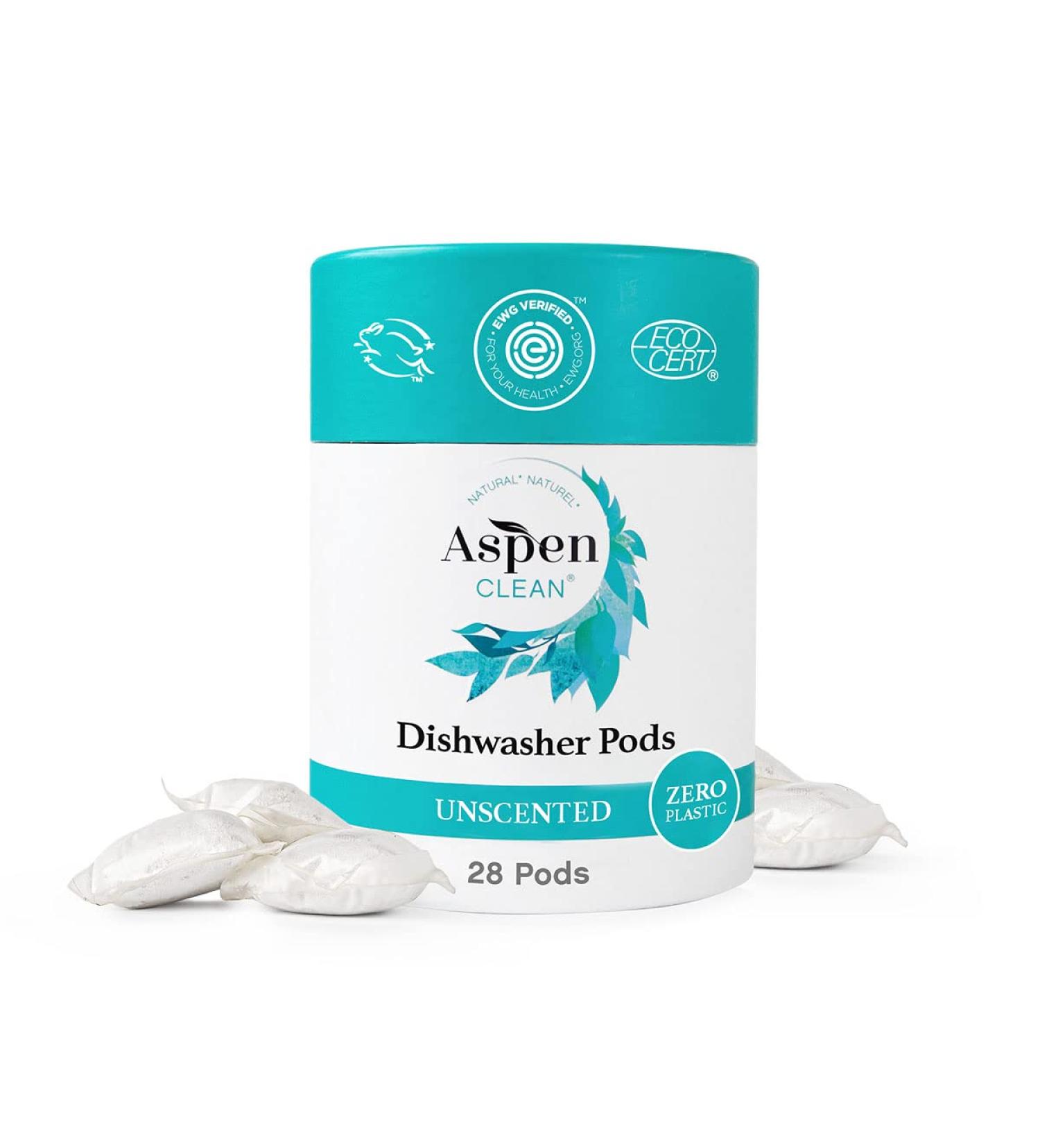 AspenClean Unscented Dishwasher Pods - New Eco-Friendly Packaging | Vegan & Natural Detergent | EWG Verified - 28 Count - Buy Online on GoSupps.com