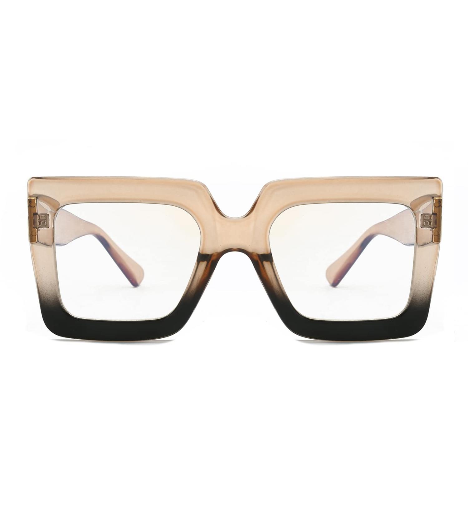 ALWAYSUV Oversized Square Blue Light Glasses for Women - Stylish Big Frame Eyewear in Champagne & Black - Protect Your Eyes with Clear Lens Computer Glasses - Buy Online on GoSupps.com
