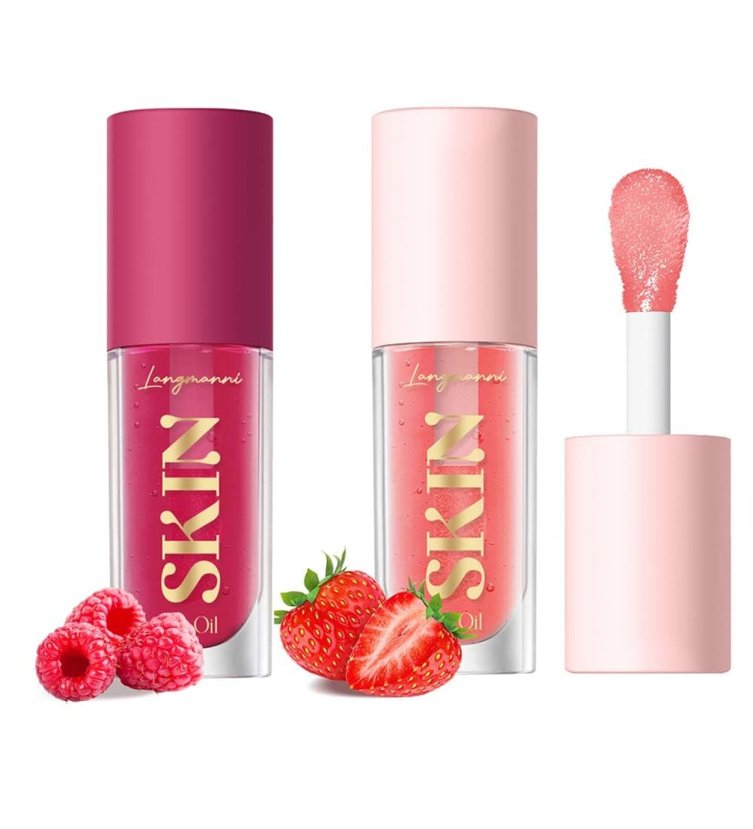 2 Pack Big Brush Head Lip Gloss - Hydrating Fruit Flavored Plumping Lip Oil Set in Raspberry & Strawberry - Non-Sticky Moisturizing Texture - Buy Online on GoSupps.com