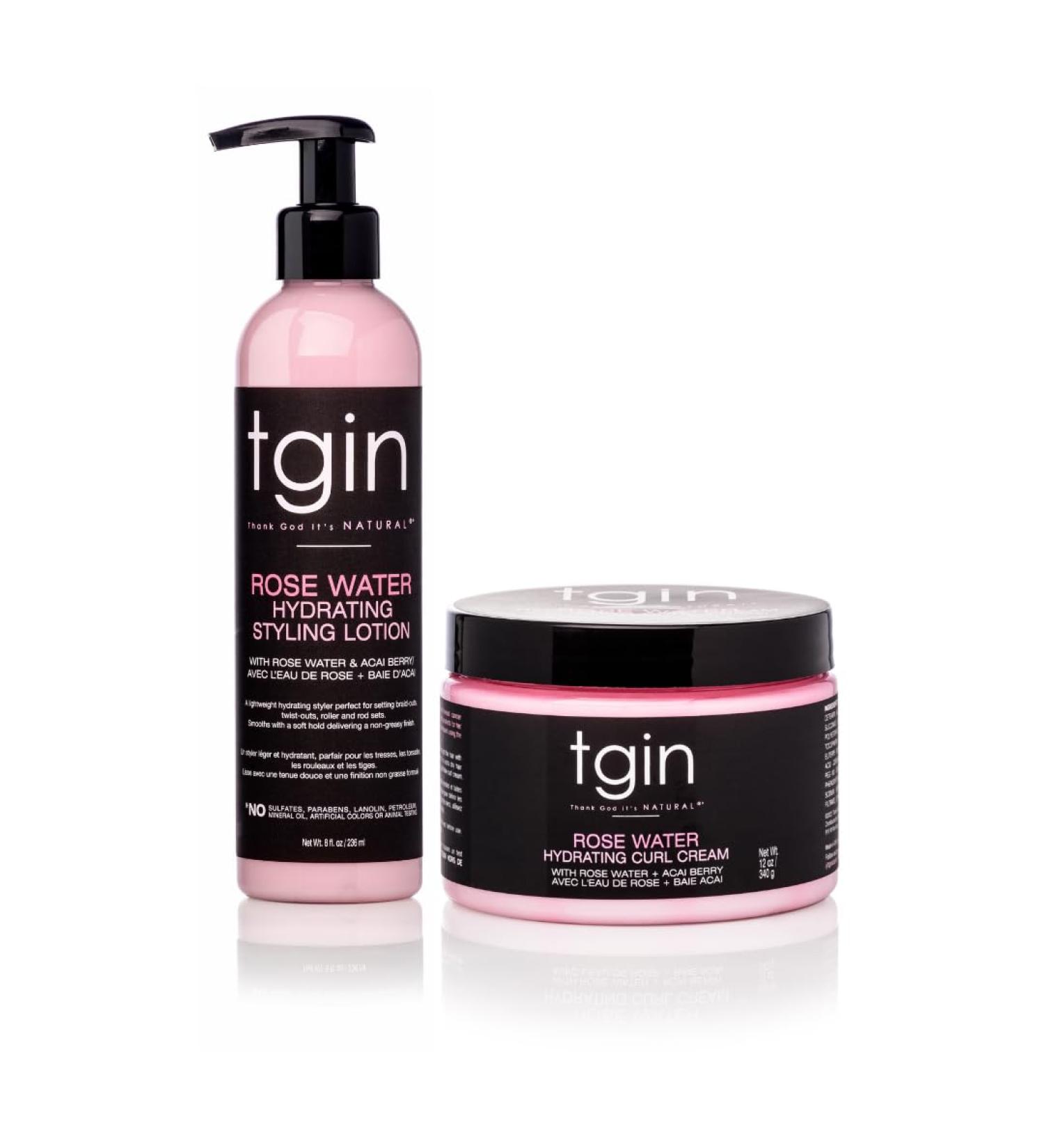 tgin Rose Water Curl Cream & Styling Lotion Duo - Natural Hair Care for Curly Wavy & Kinky Hair - 12 oz + 8 oz - Low Porosity Friendly - Buy Online on GoSupps.com