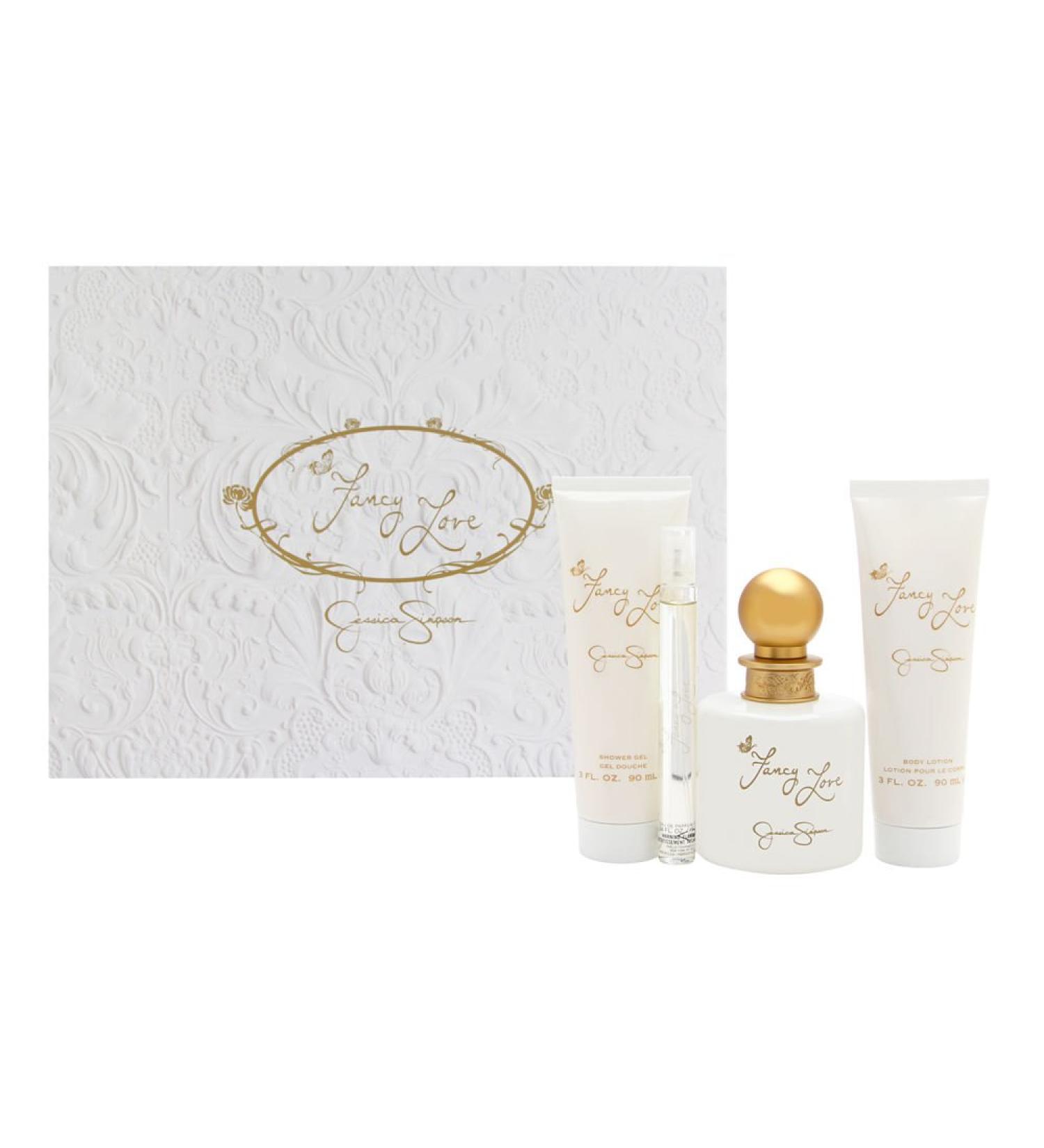 Fancy Love by Jessica Simpson for Women - 4 Pc Gift Set 3.4oz EDP Spray, 0.34oz EDP Mini Spray, 3oz Body Lotion, 3oz Bath & Shower Crme