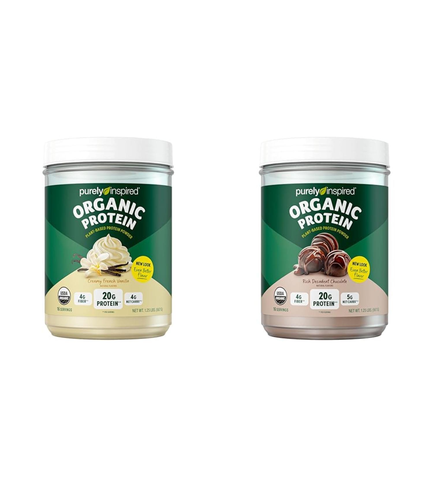 Purely Inspired Organic Protein Powder Bundle - Creamy French Vanilla (16 Servings) & Rich Decadent Chocolate (16 Servings) - 20g Plant-Based Protein
