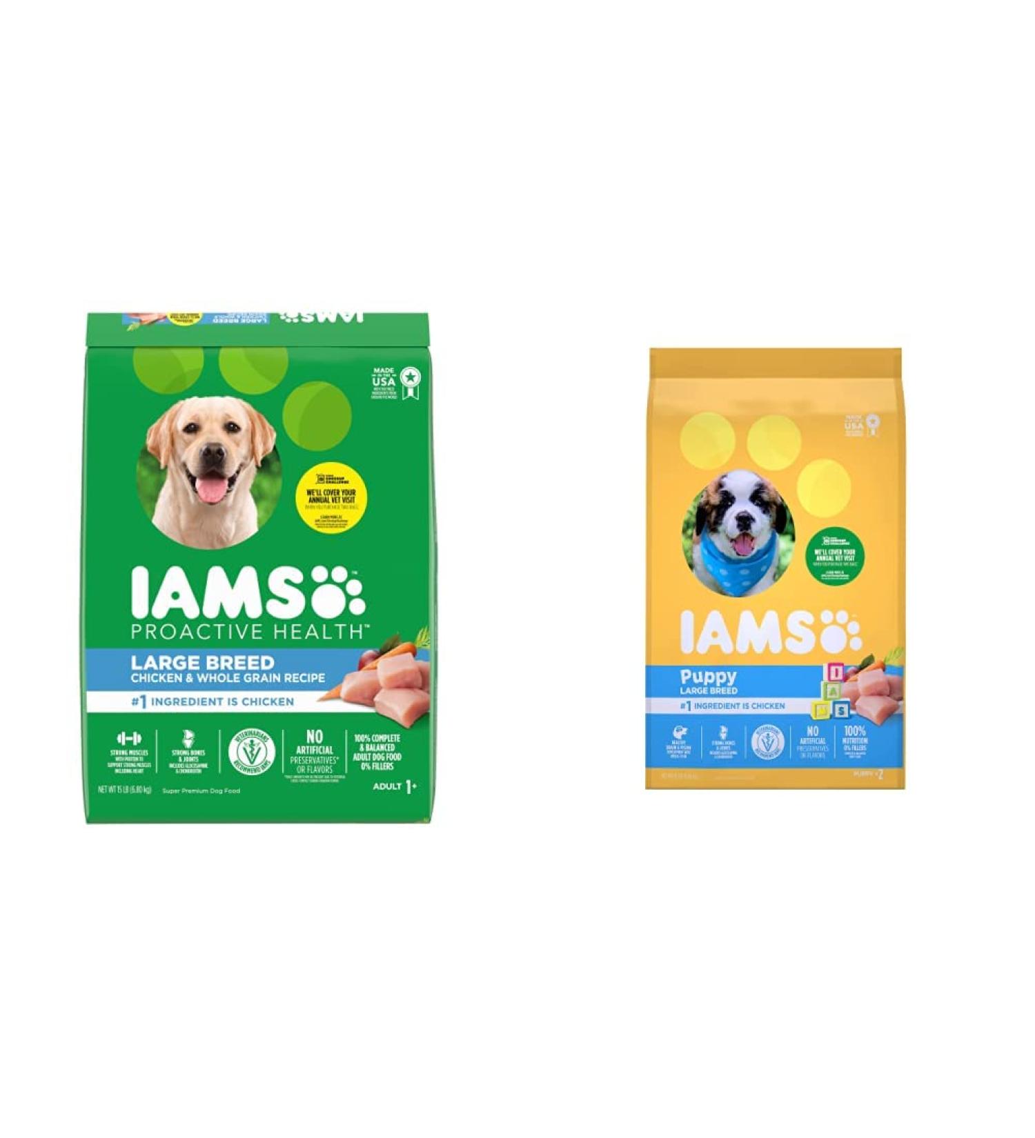 IAMS Adult Large Breed Dry Dog Food - Chicken and Whole Grains Recipe 6.80kg (15LB) Bag & Puppy Large Breed Dry Dog Food - Chicken and Whole Grains Recipe 6.80kg (15LB) Bag Dog Food + Dog Food 10171670 6.80 kg (Pack of 1) - Buy Online on GoSupps.com