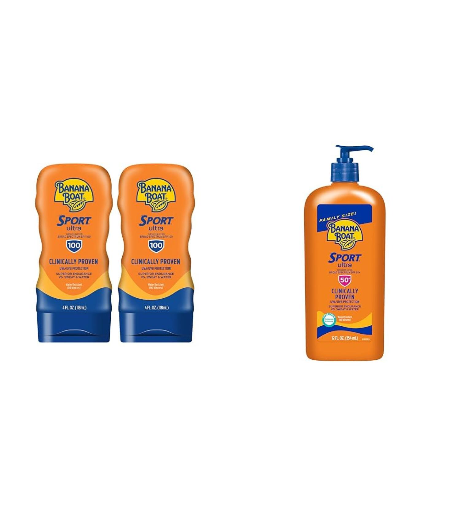 Banana Boat Sport Ultra Sunscreen Lotion SPF 100 4oz Twin Pack and SPF 50 12oz Oxybenzone Free Sunscreen - Buy Online on GoSupps.com