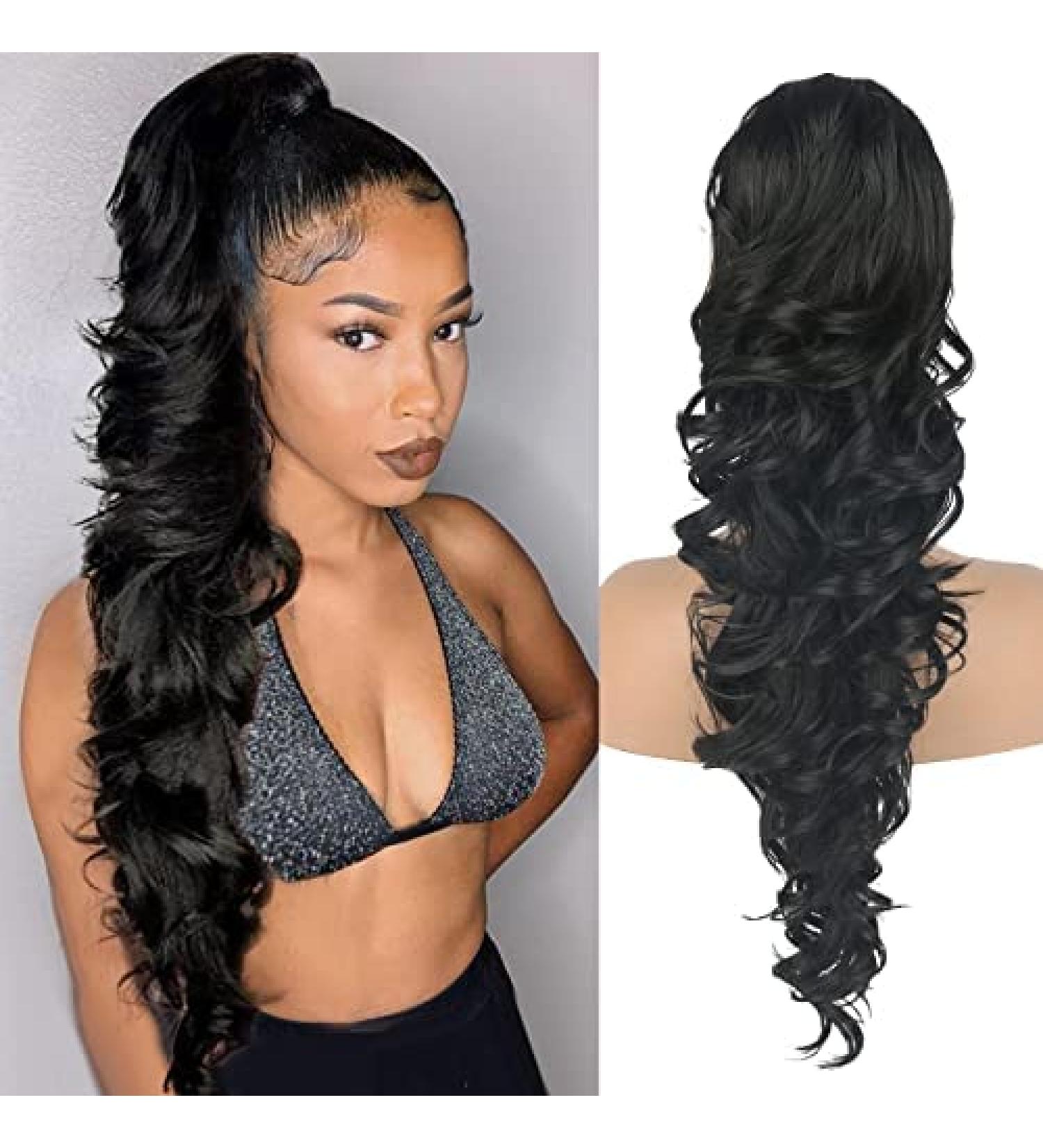 LEOSA 28 Inch Long Body Wave Drawstring Ponytail for Black Women | Synthetic Clip-in Hair Extension in Curly Wavy Style | Black Hairpiece Hair Bun - Buy Online on GoSupps.com