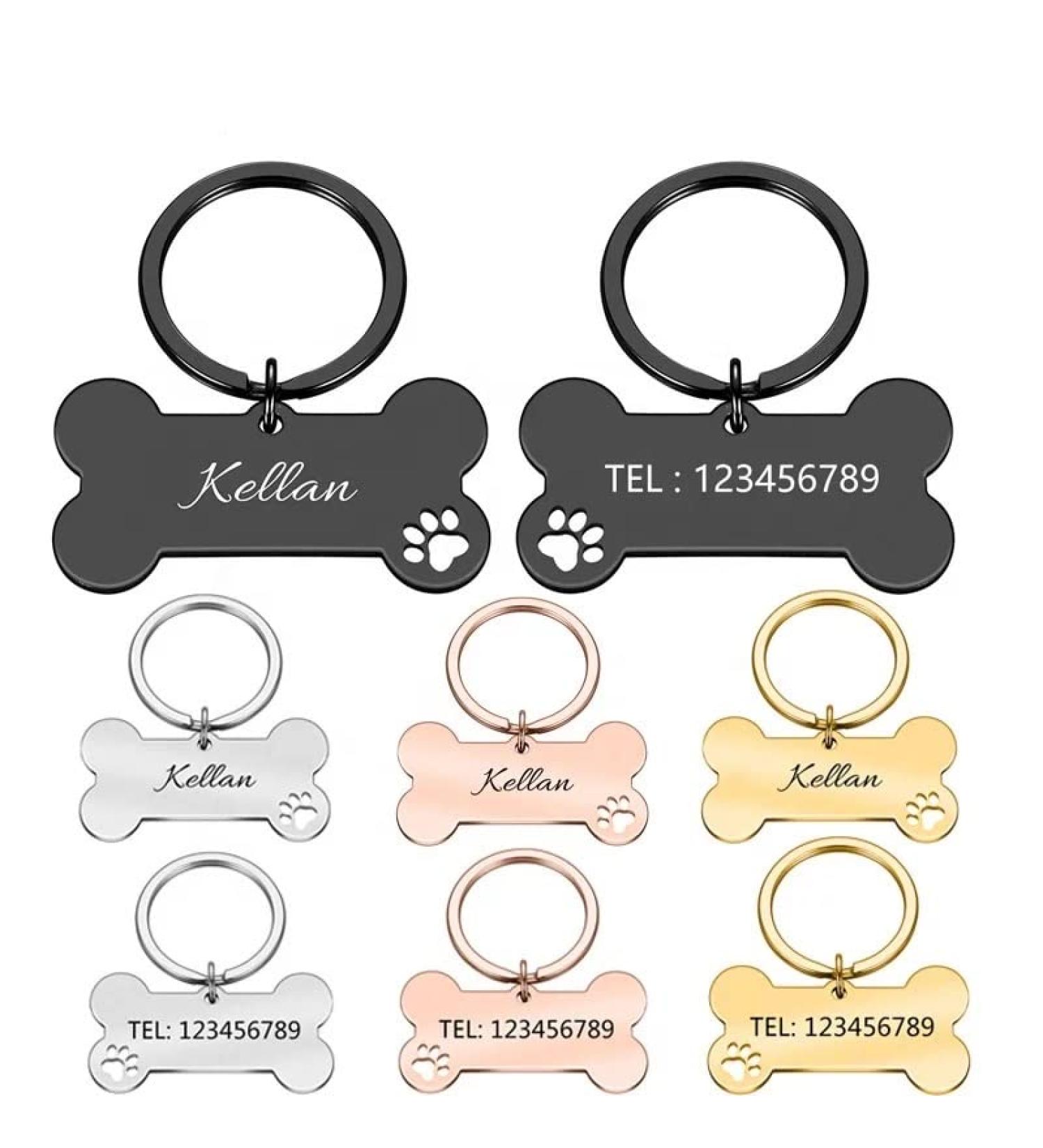 Personalized Stainless Steel Dog Bone ID Tags for Small Pets | Custom Engraved Double-Sided with Key Ring - Perfect for Puppies & Cats - Buy Online on GoSupps.com