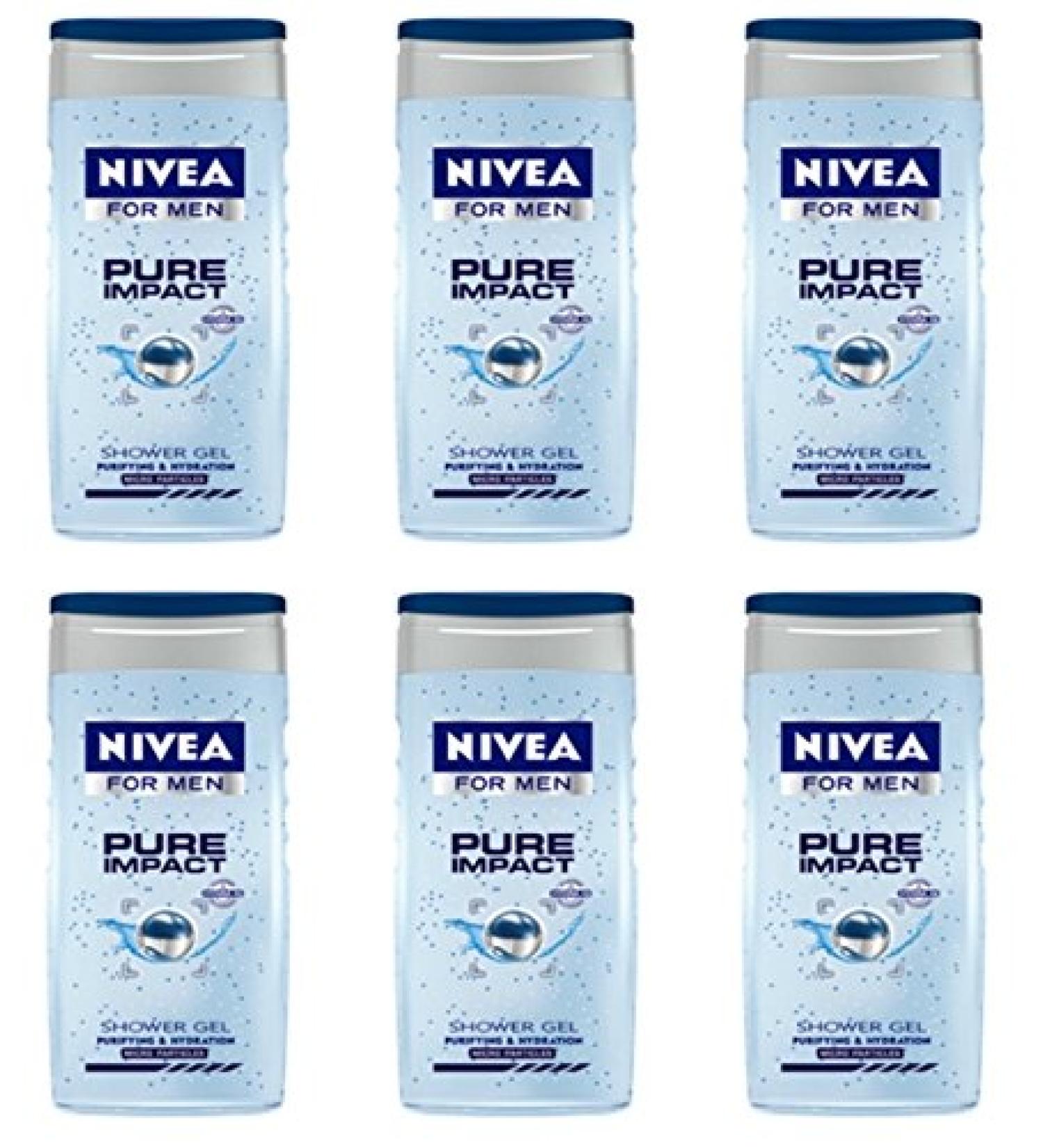 NIVEA 6 x NIVEA Shower Gel for Men Pure Impact Body and Hair - Men's Offer - In Stock