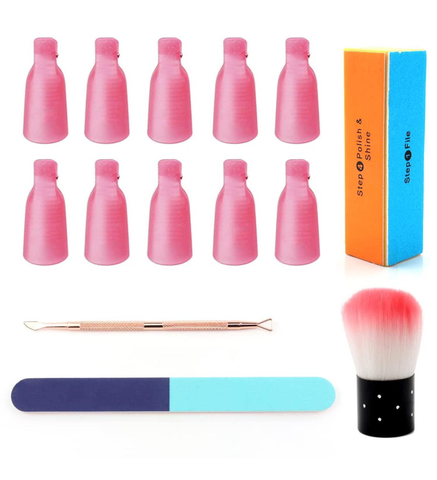 10 PCS Nail Polish Gel Remover Tools Kit with Clips, Cuticle Pusher, Peeler, Brush, File, and Buffer Block - Buy Online on GoSupps.com