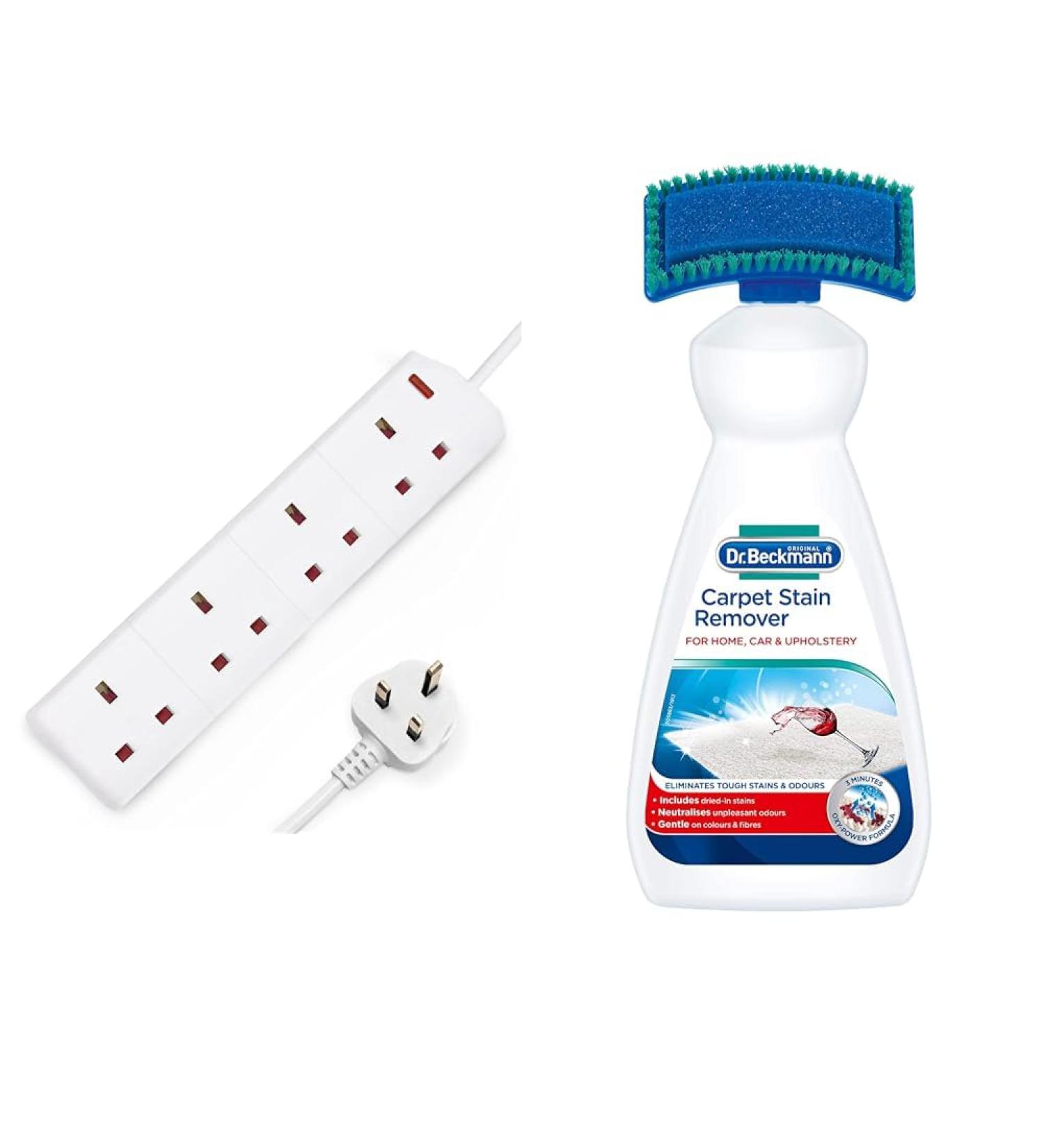 DESIRETECH White Electric Extension Lead 4 Gang 2 Metre | 2m Long Cable | UK Plug 3 Pin Socket Outlet & Dr. Beckmann Carpet Stain Remover | Removes New and Dried-in Stains | Includes Applicator Brush - Buy Online on GoSupps.com