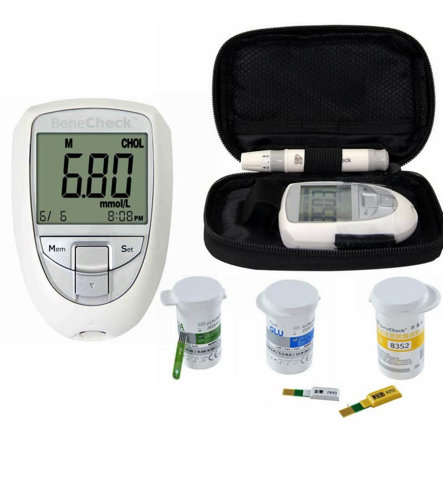 Healthcaretuye 3 in 1 Cholesterol Meter Cholesterol Test Meter Kit Cholesterol Analyzer Monitor G.L.U Uric Acid Test Meter Analyzer+ Test Chips (1xAnalyzer+10CHO Chip+10UA Chip+25GLU Chip) - Buy Online on GoSupps.com