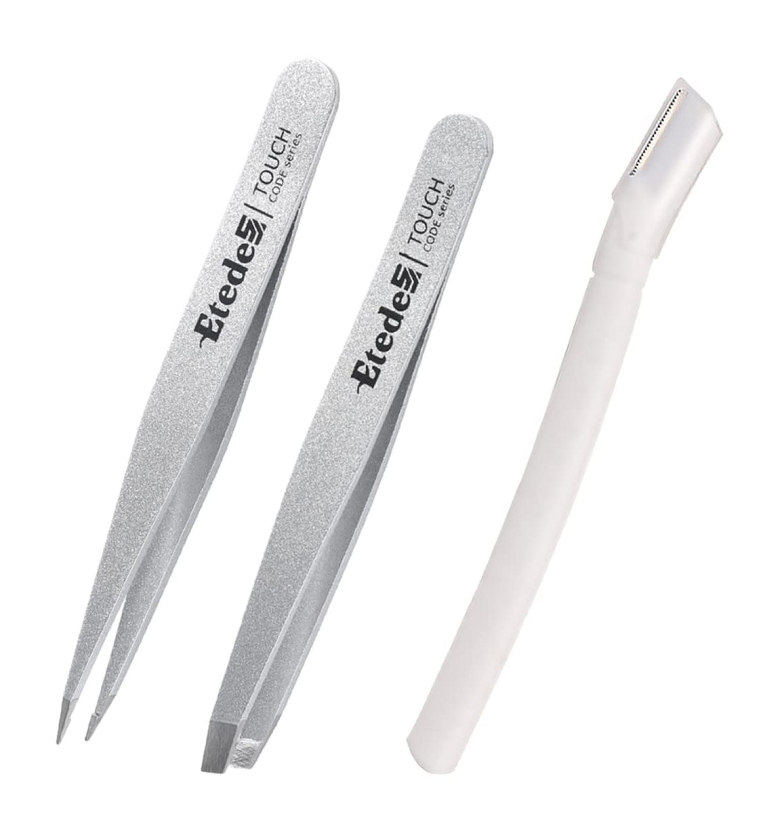 3-in-1 Precise Eyebrow Tweezers Set with Shiny Silver Finish for Women - Slant & Pointed Tweezers, Eyebrow Razor - Buy Online on GoSupps.com