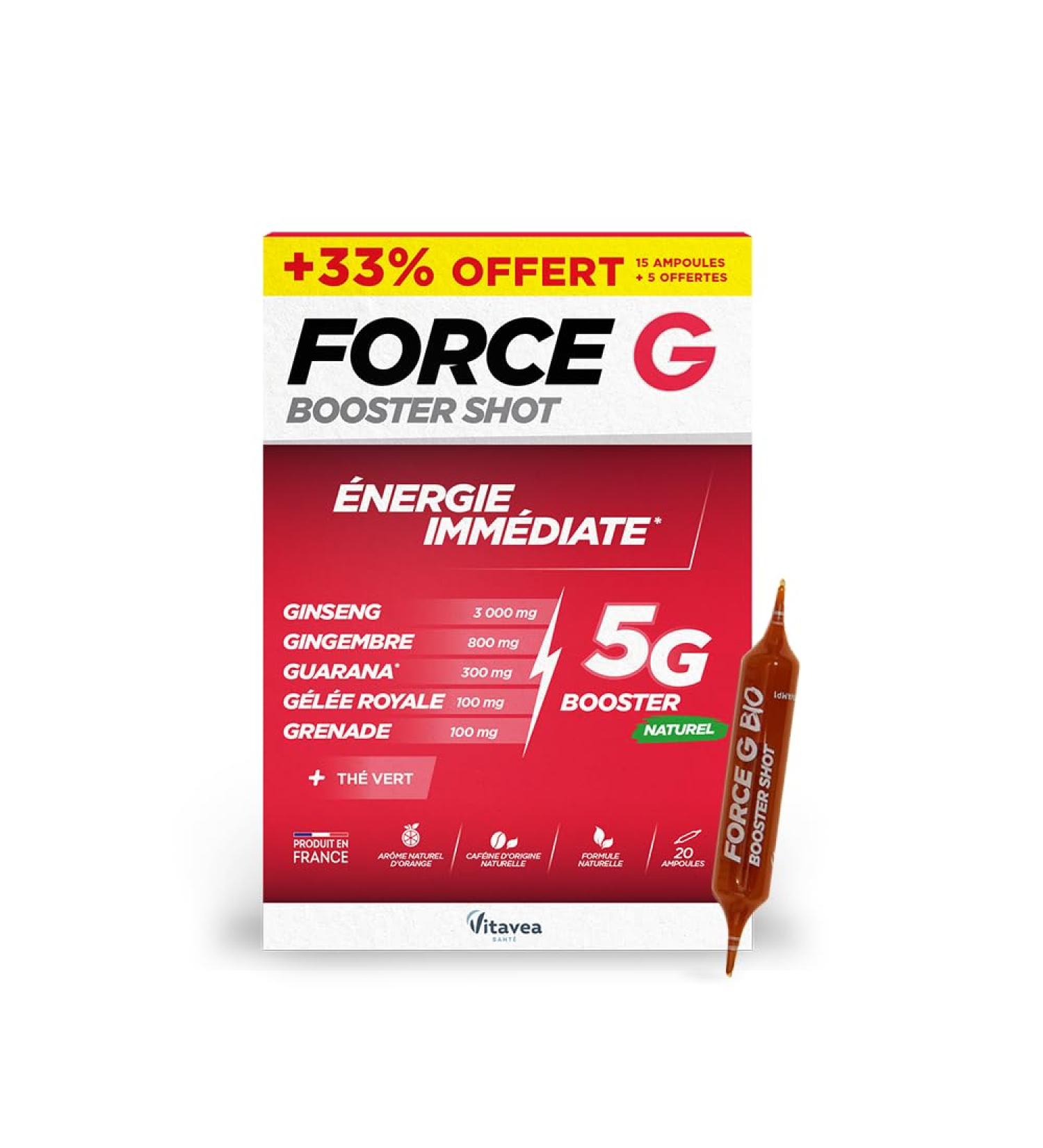 Force G Booster Shot Natural Energy Supplement Ginseng Ginger Guarana Royal Jelly Pomegranate Caffeine 7 Reinforced Active 20 Ampoules 20 Days Made in France Vitavea - Buy Online on GoSupps.com