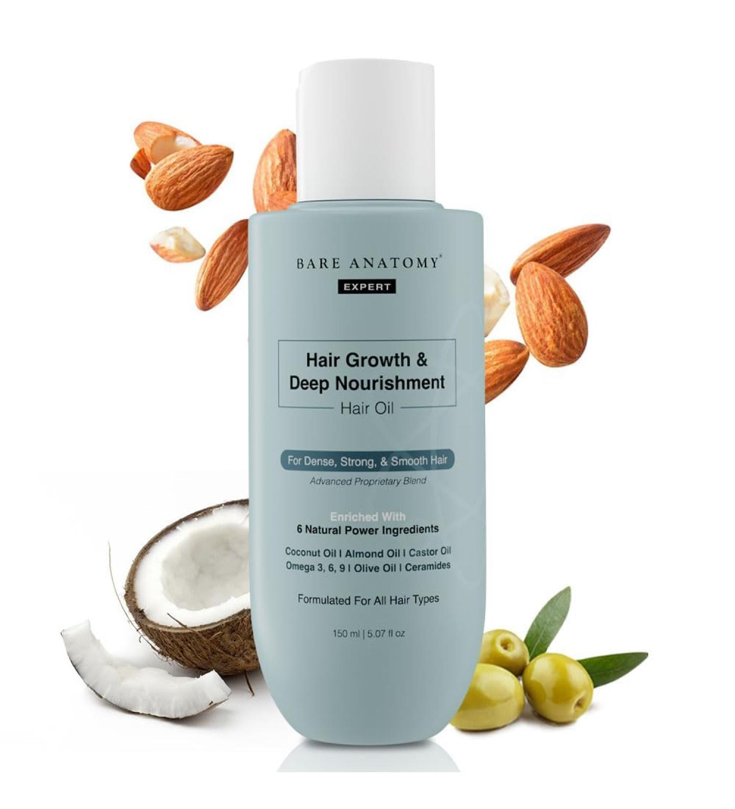 Buy Hair Growth Oil - Deep Nourishment with Coconut Almond Olive & Castor Oil | Strengthen & Smooth Hair | Anti Hairfall & Frizz | 150ml for Men & Women - Buy Online on GoSupps.com