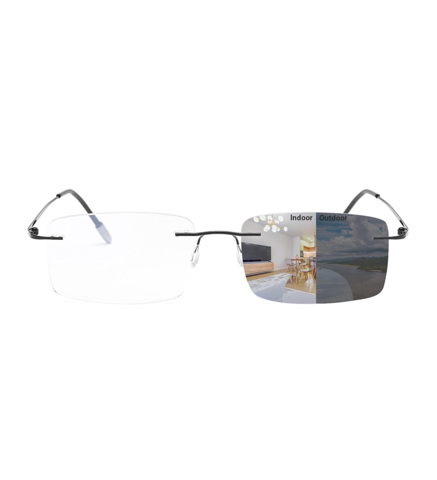 Photochromic Bifocal Reading Glasses | Blue Light Blocking Rimless Sunglasses for Men & Women - Black-Silver 1.0x - Buy Online on GoSupps.com