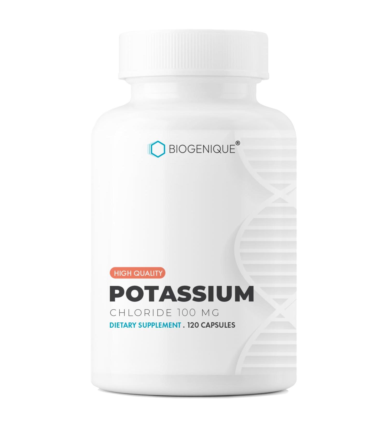 Biogenique Potassium Chloride - 120 Capsules Potassium 100MG - Healthy Muscle Function Heart Health & Electrolyte Balance - Made in Canada Pharmaceutical Grade Non-GMO - Buy Online on GoSupps.com
