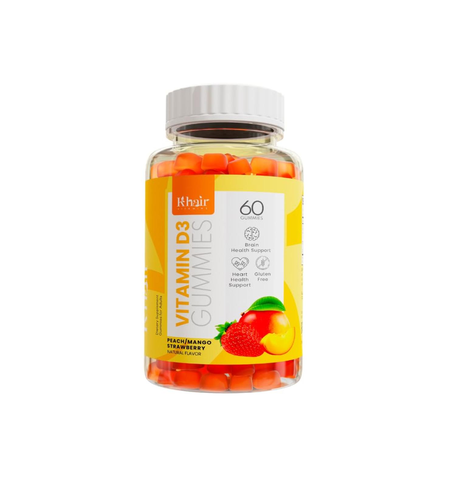 Khair Halal Vitamin D3 Gummies for Bone & Muscle Support - Non-GMO Gluten & Gelatin Free Vegetarian Halal-Certified Natural Mango Peach & Strawberry Flavors - 60 Gummies - Buy Online on GoSupps.com