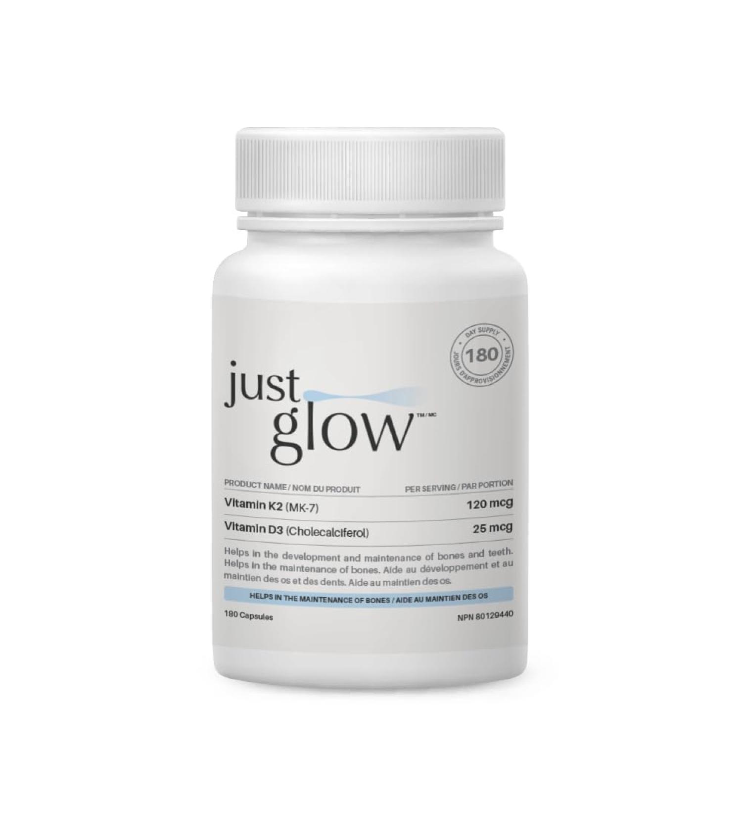 Just Glow Vitamin High-Potency K2 + D3 Supplement - 120mcg (MK-7) / 1000 IU - 180 Capsules - Helps Support Bones Teeth and Immune Function - Made In Canada - Buy Online on GoSupps.com