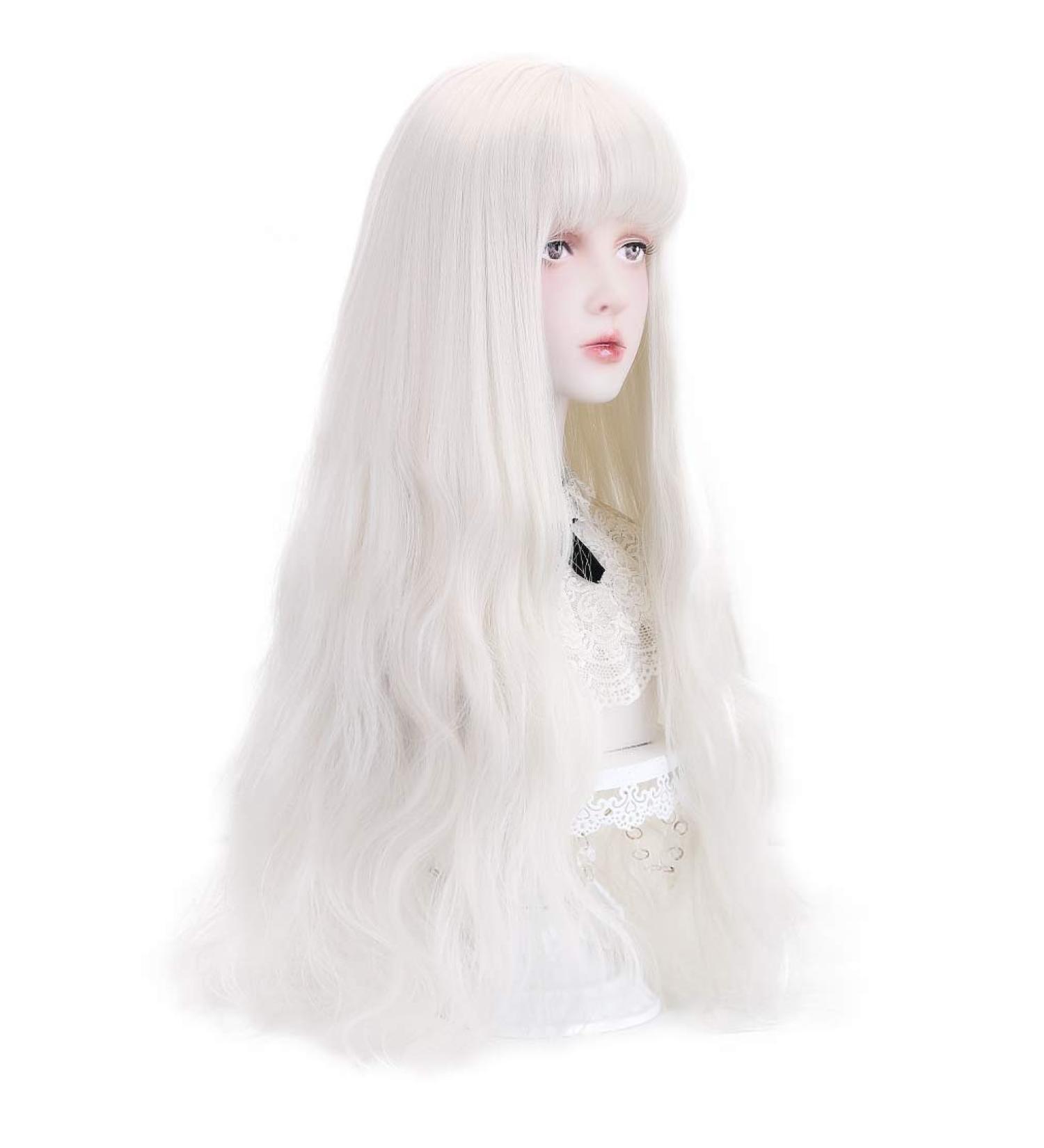 Long White Synthetic Wig with Bangs - Natural Wavy Cosplay Wig for Women - 30 (White - Buy Online on GoSupps.com