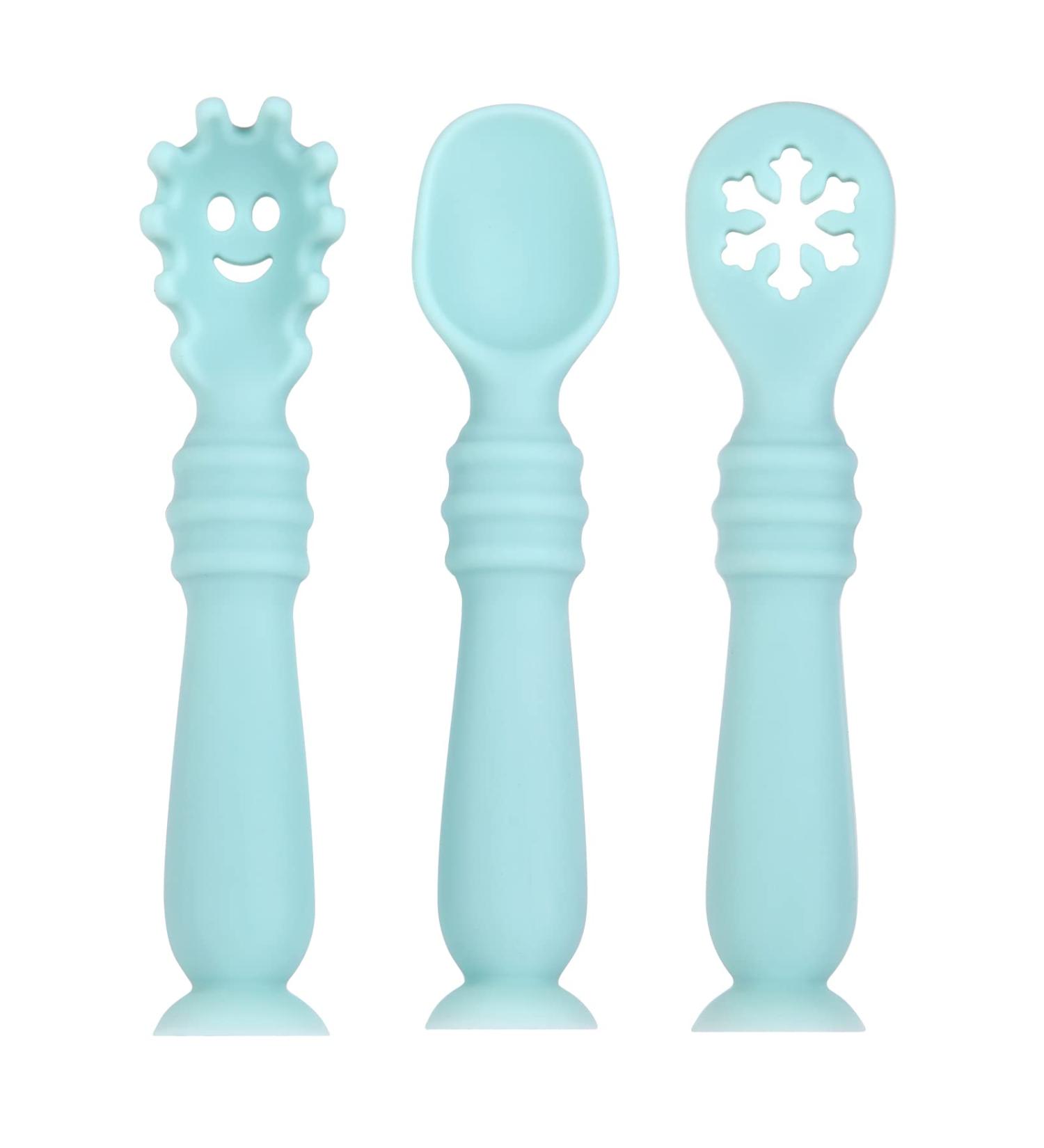 Vicloon Baby Fork and Spoon Set - Silicone Self Feeding Utensil for Infant Toddler - Easy Grip Toddler Cutlery Kit - Blue - Buy Online on GoSupps.com