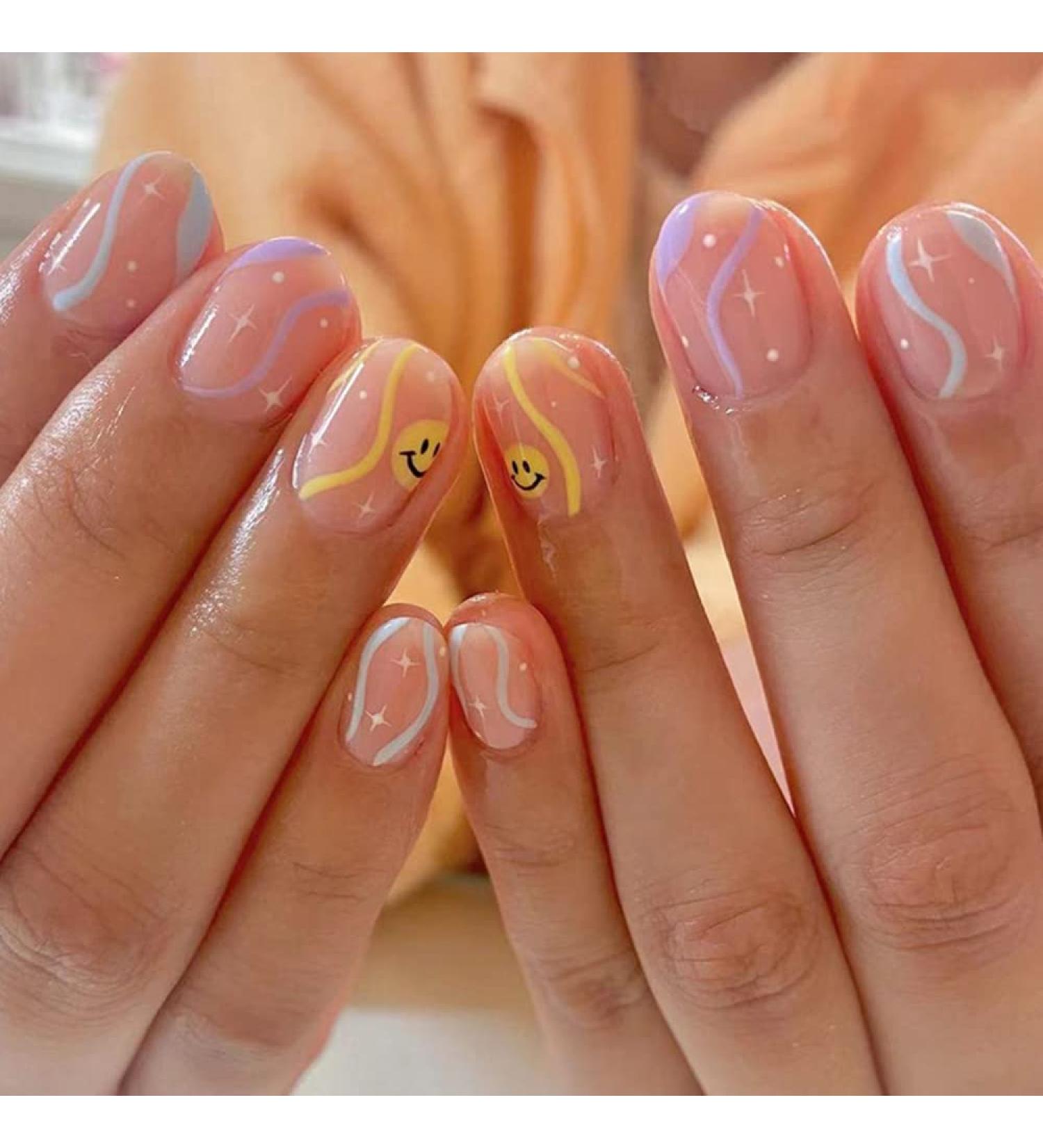24 Pcs French Press Fake Nails - Cute Smiley Face Design Oval Stick-On Acrylic Nails for Women & Girls | International Shipping Available - Buy Online on GoSupps.com
